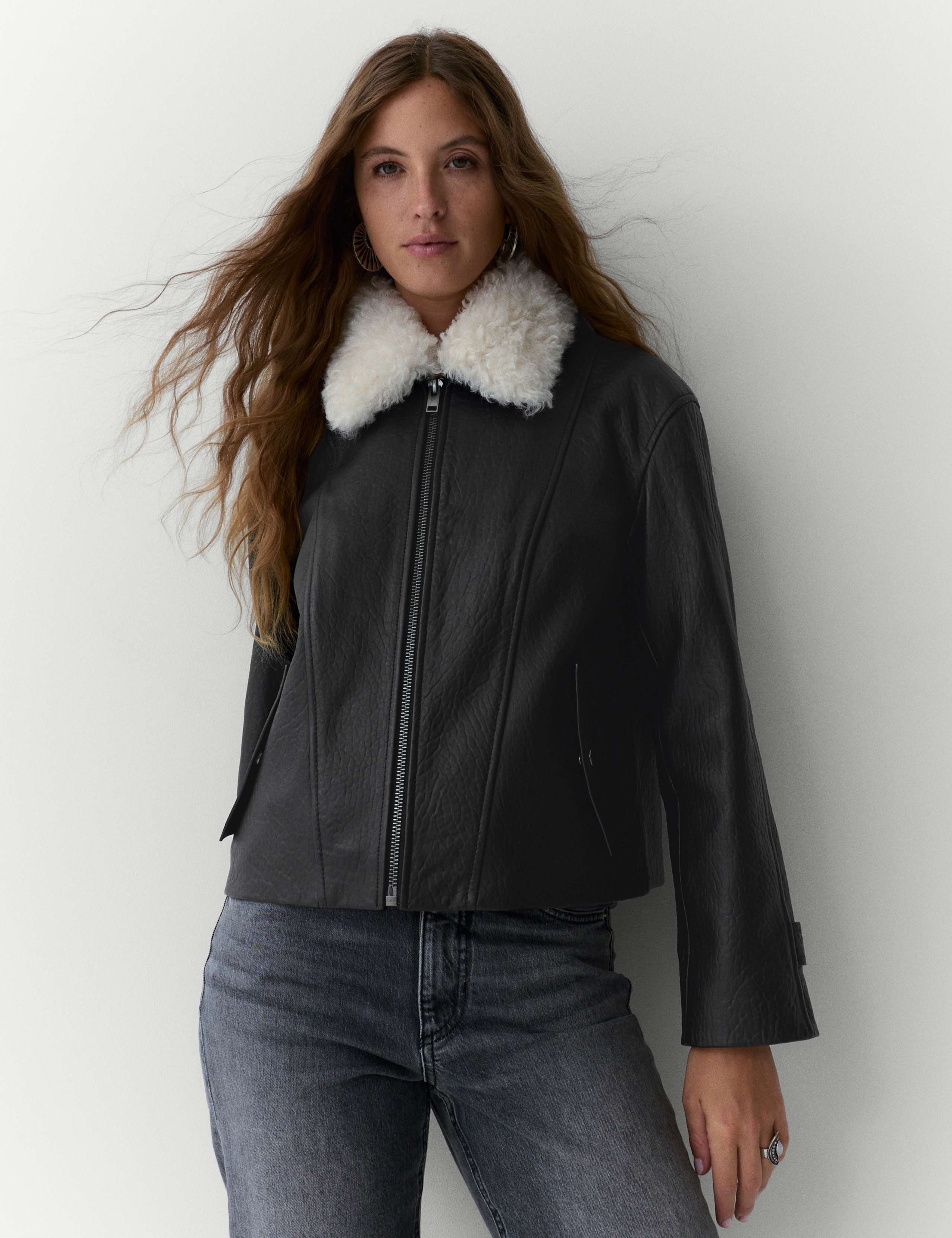 Leather Textured Borg Collared Jacket 3 of 4