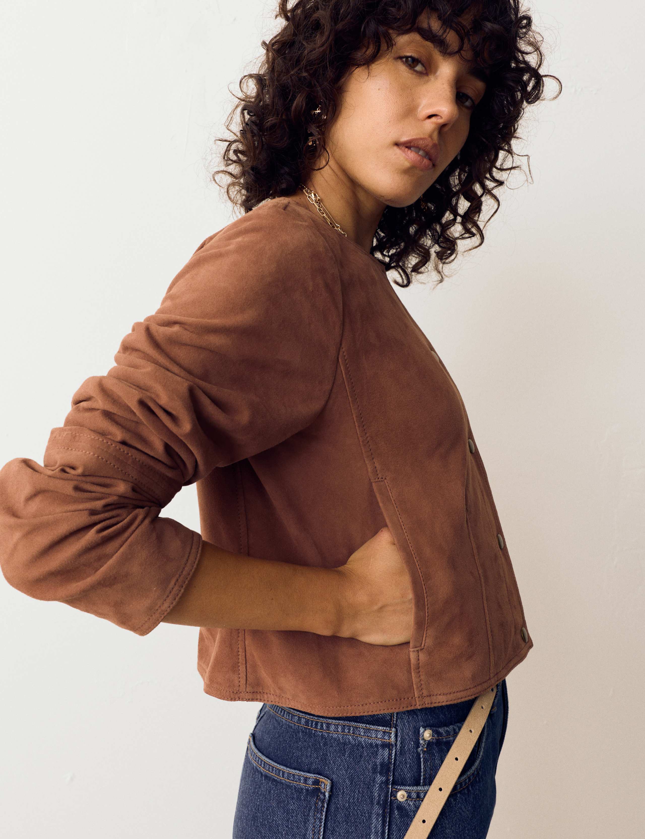 Suede Collarless Cropped Jacket 3 of 6