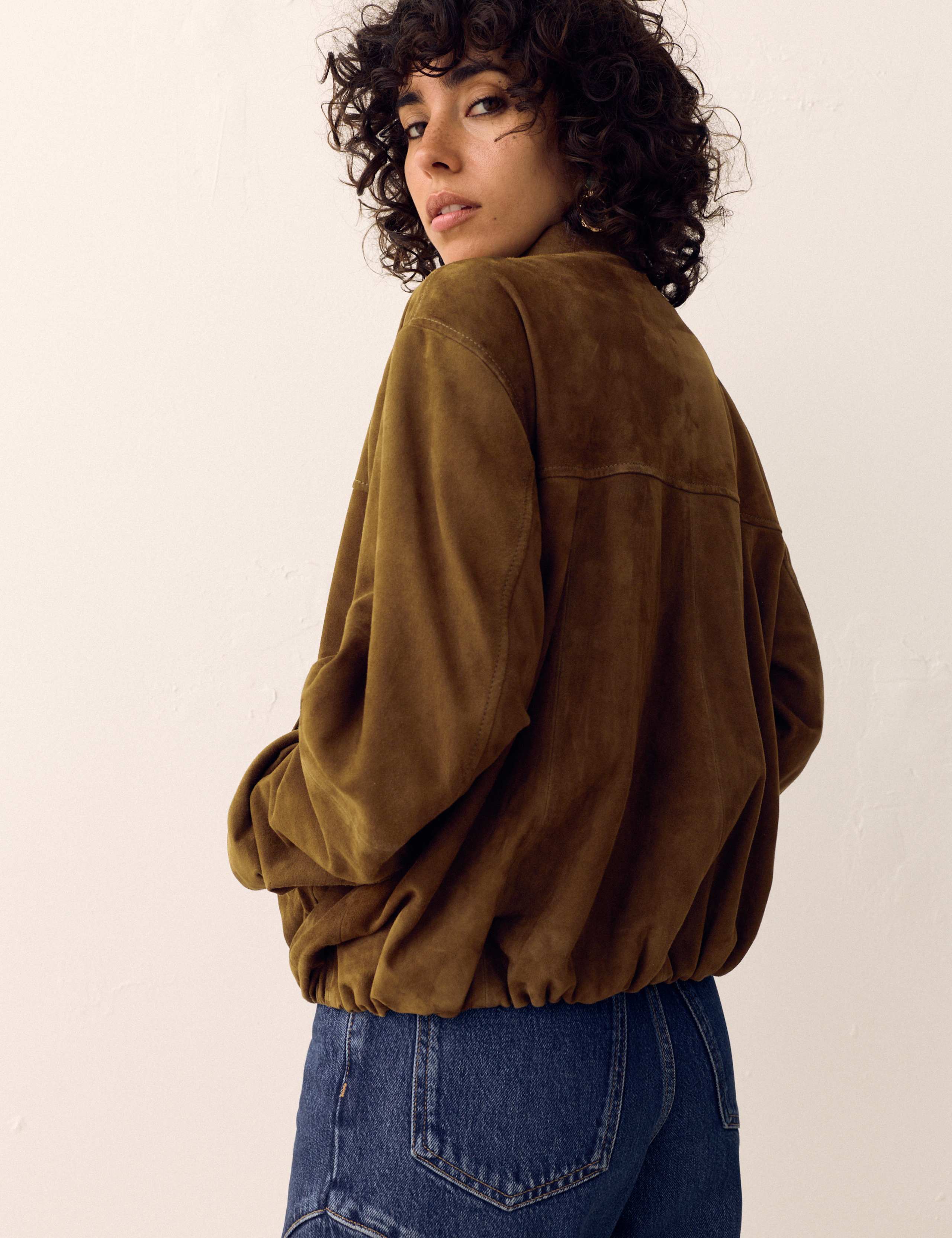 Suede Bubble Hem Relaxed Bomber Jacket 4 of 6
