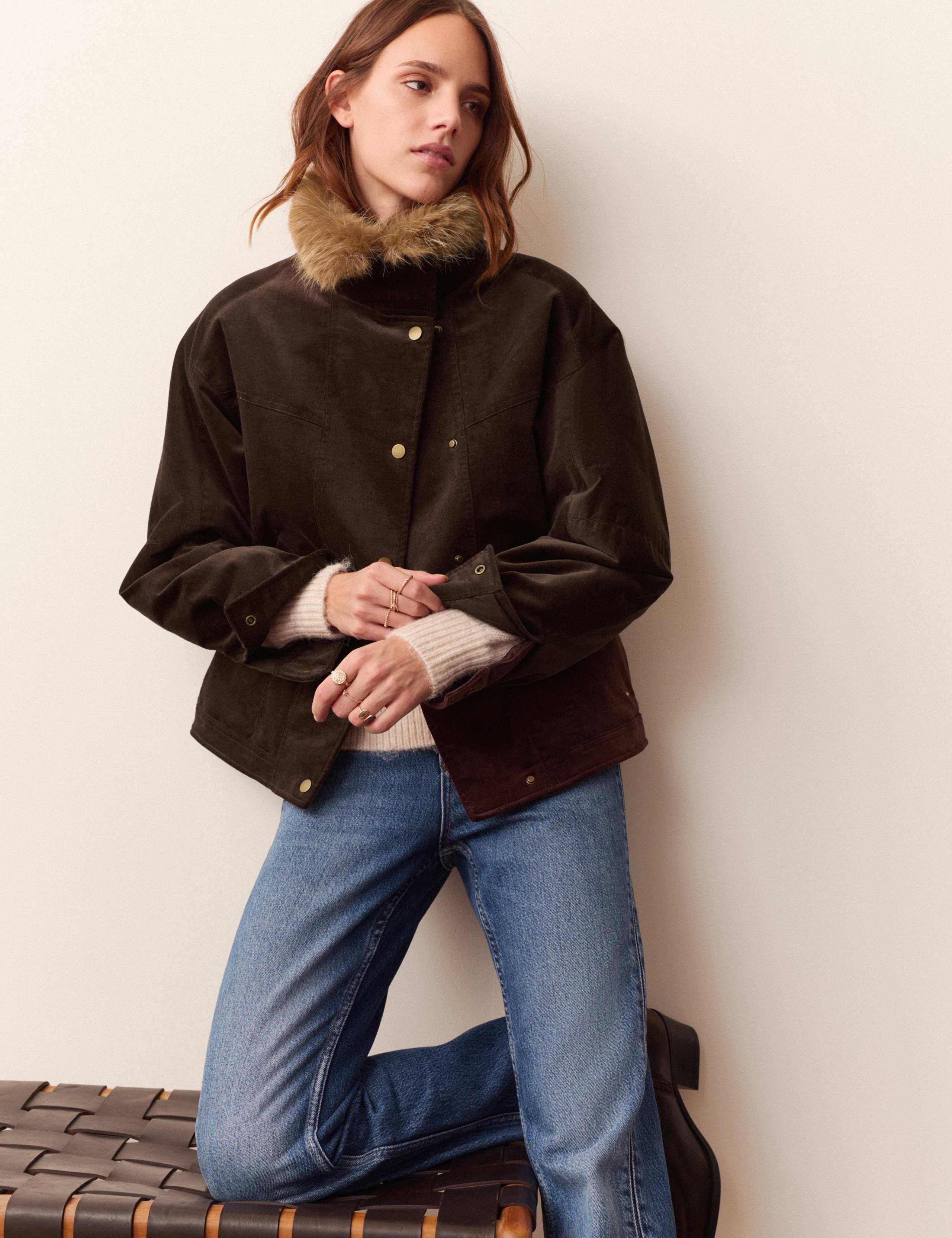 Cotton Rich Faux Fur Collar Belted Jacket 1 of 6