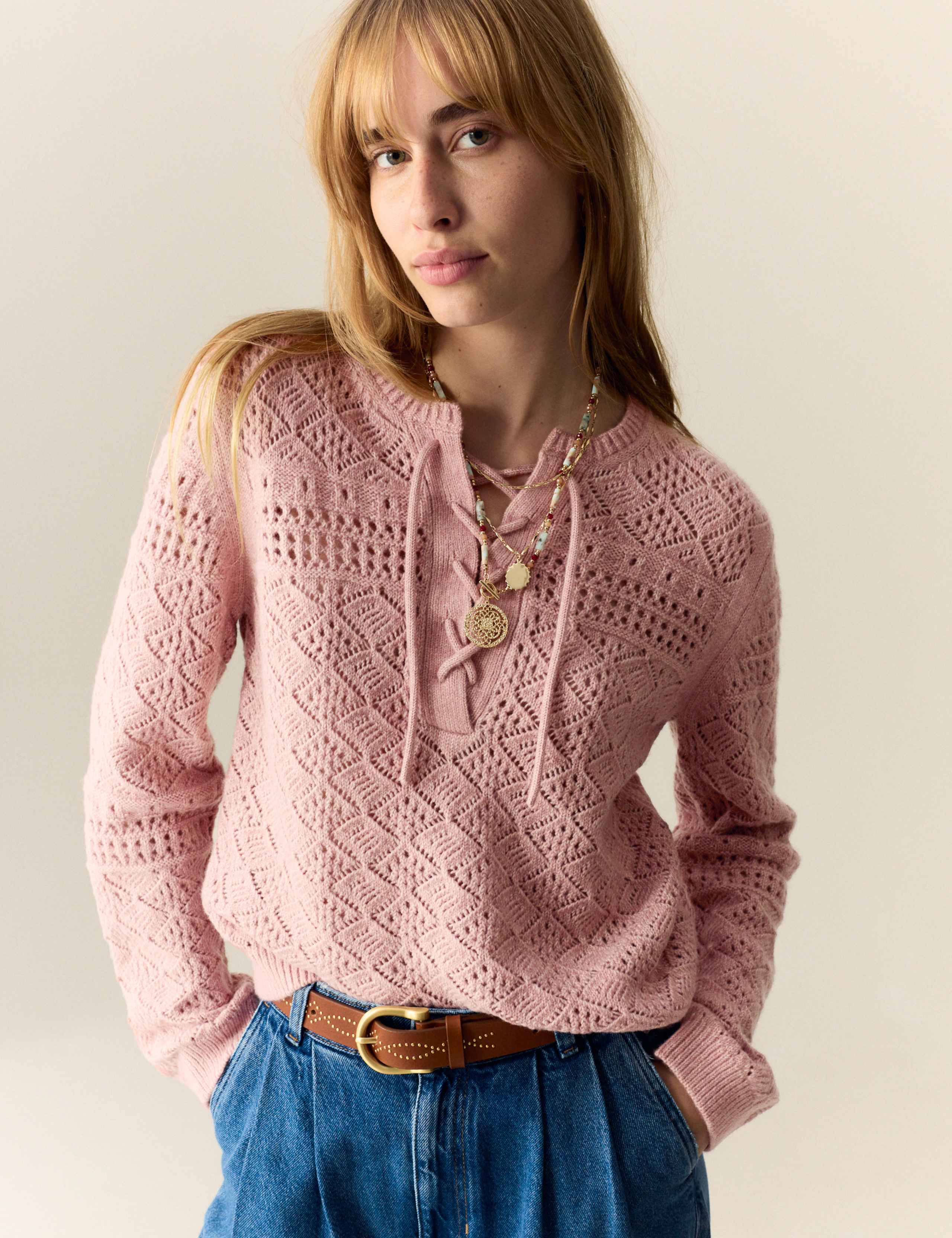 Cotton Blend Pointelle Tie Neck Jumper 3 of 7