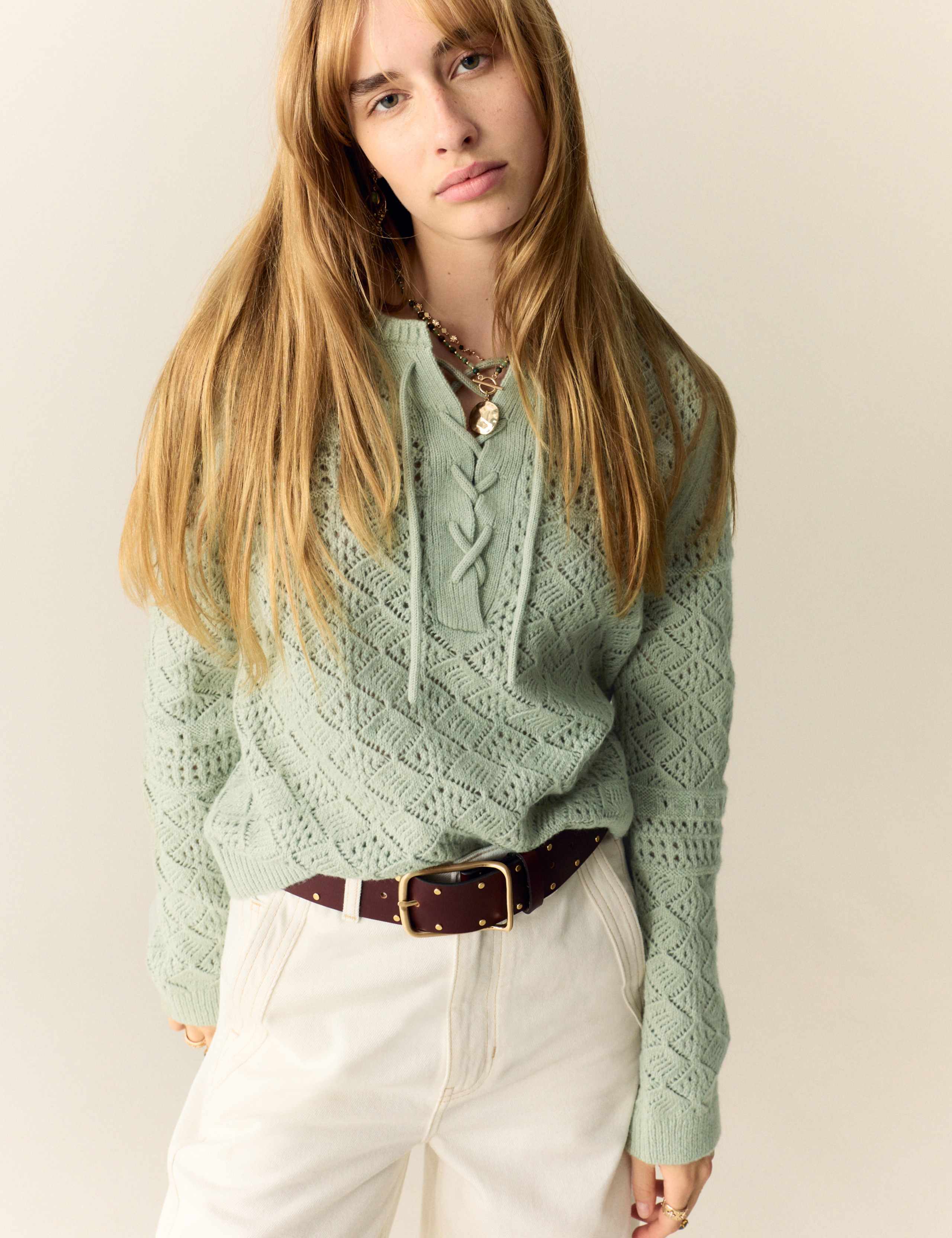 Cotton Blend Pointelle Tie Neck Jumper 3 of 7