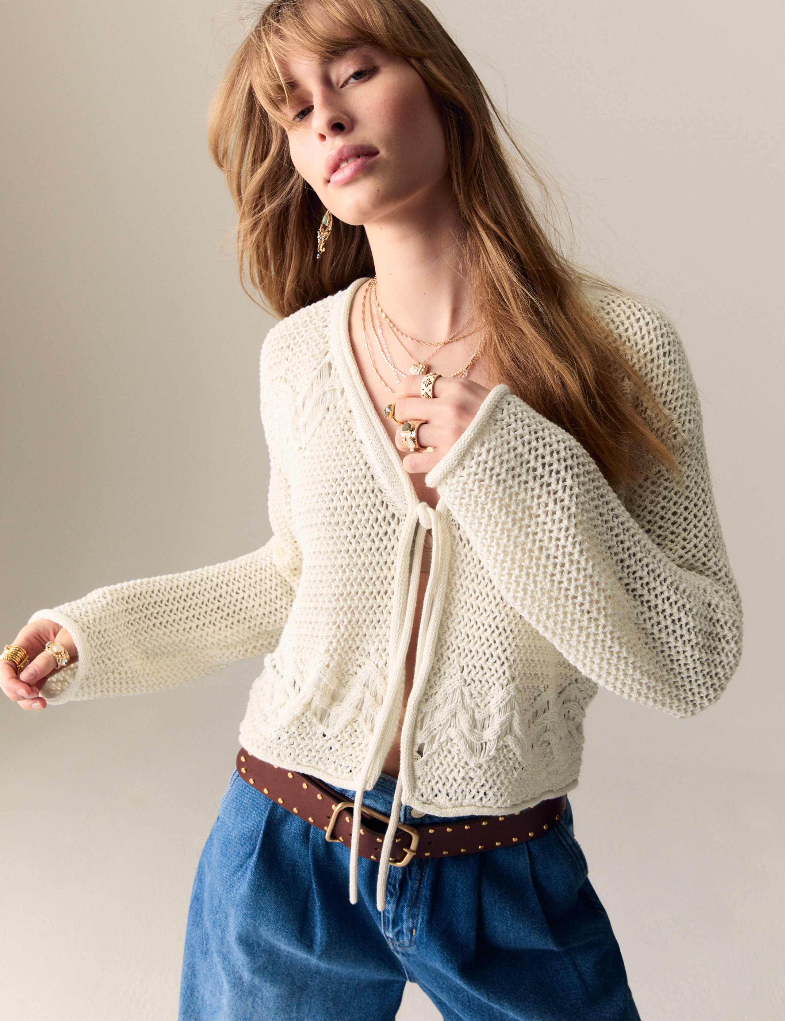 Cotton Rich Pointelle V-Neck Tie Front Relaxed Cardigan 4 of 5