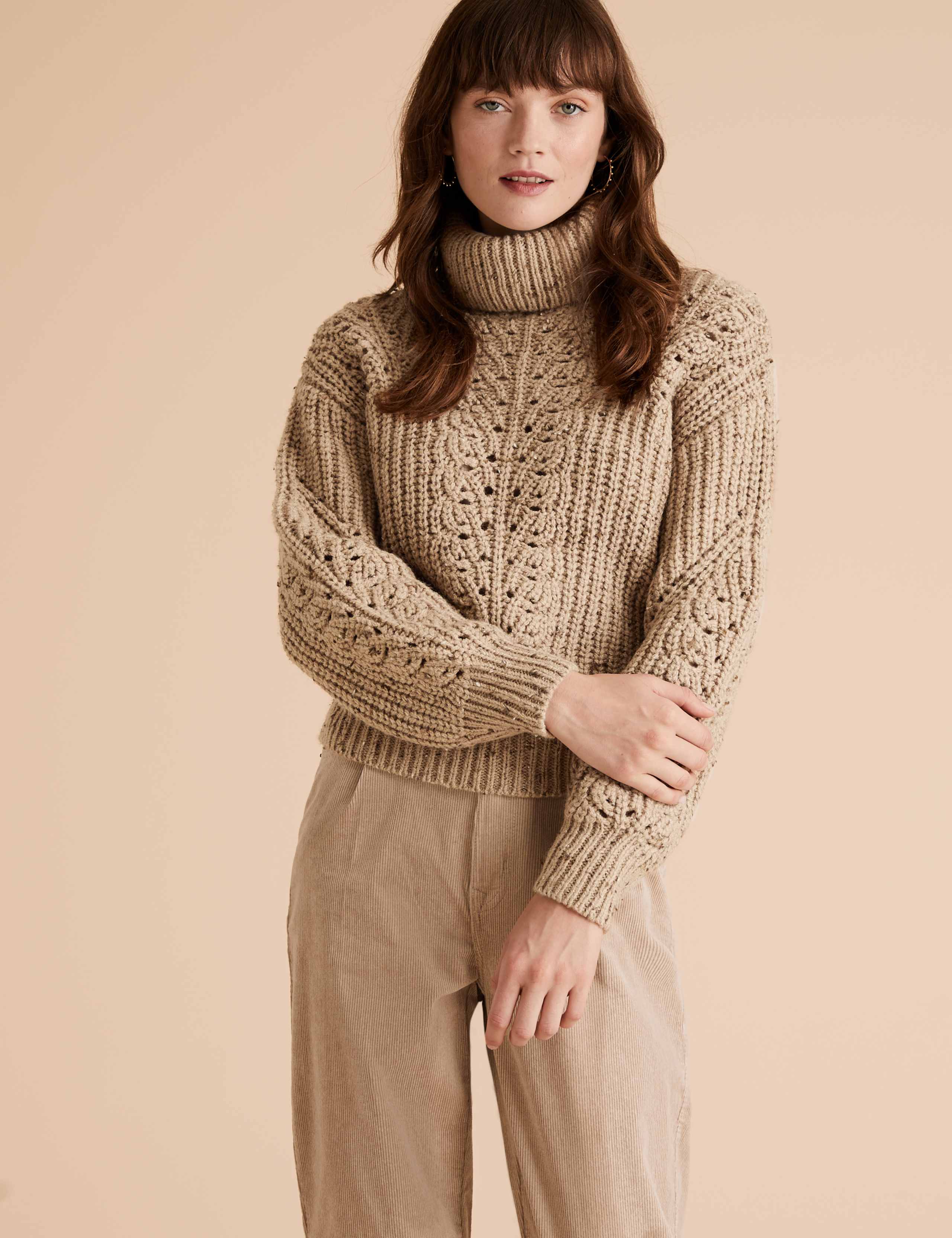 Cable Knit Roll Neck Jumper with Wool 1 of 4
