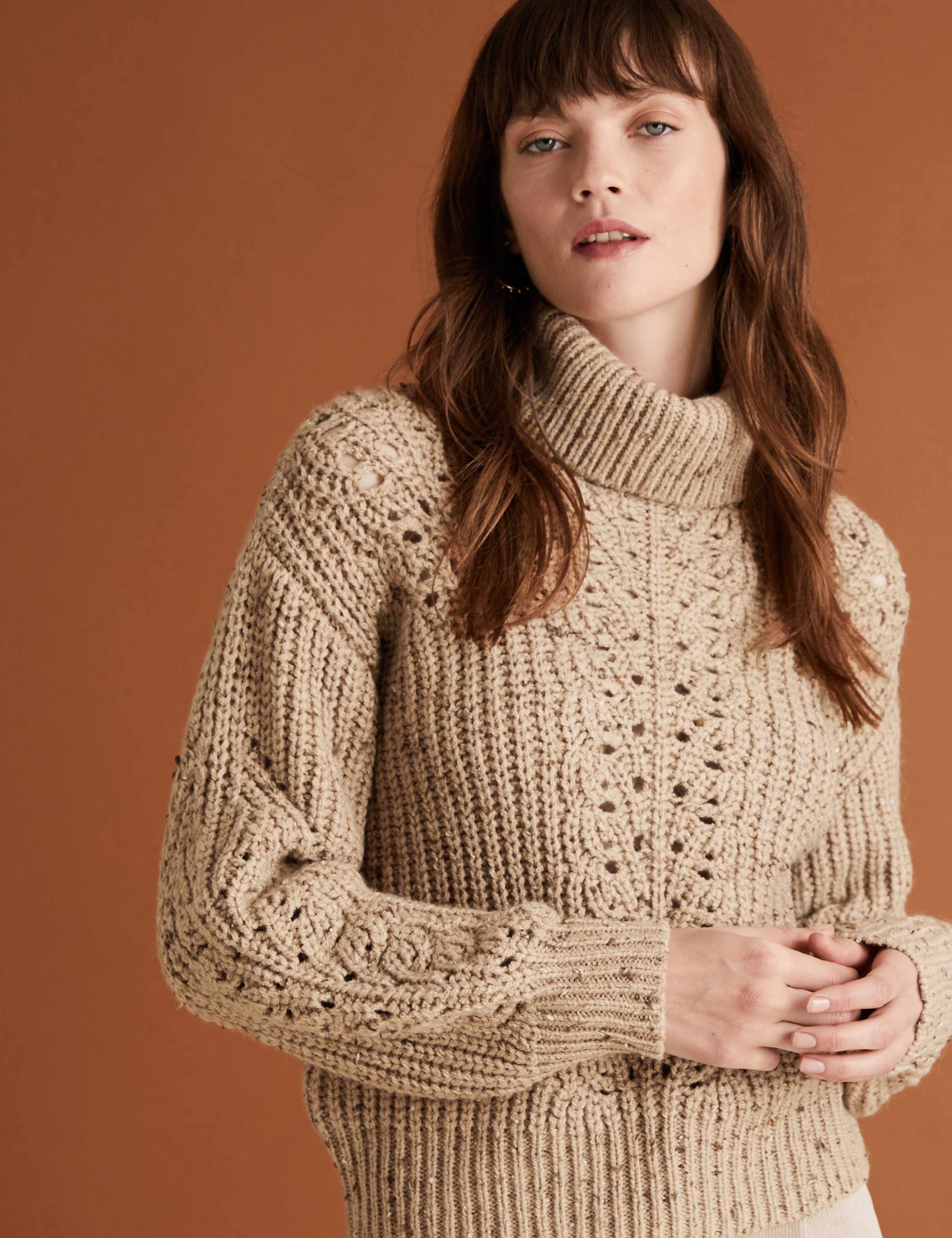 Cable Knit Roll Neck Jumper with Wool 2 of 4