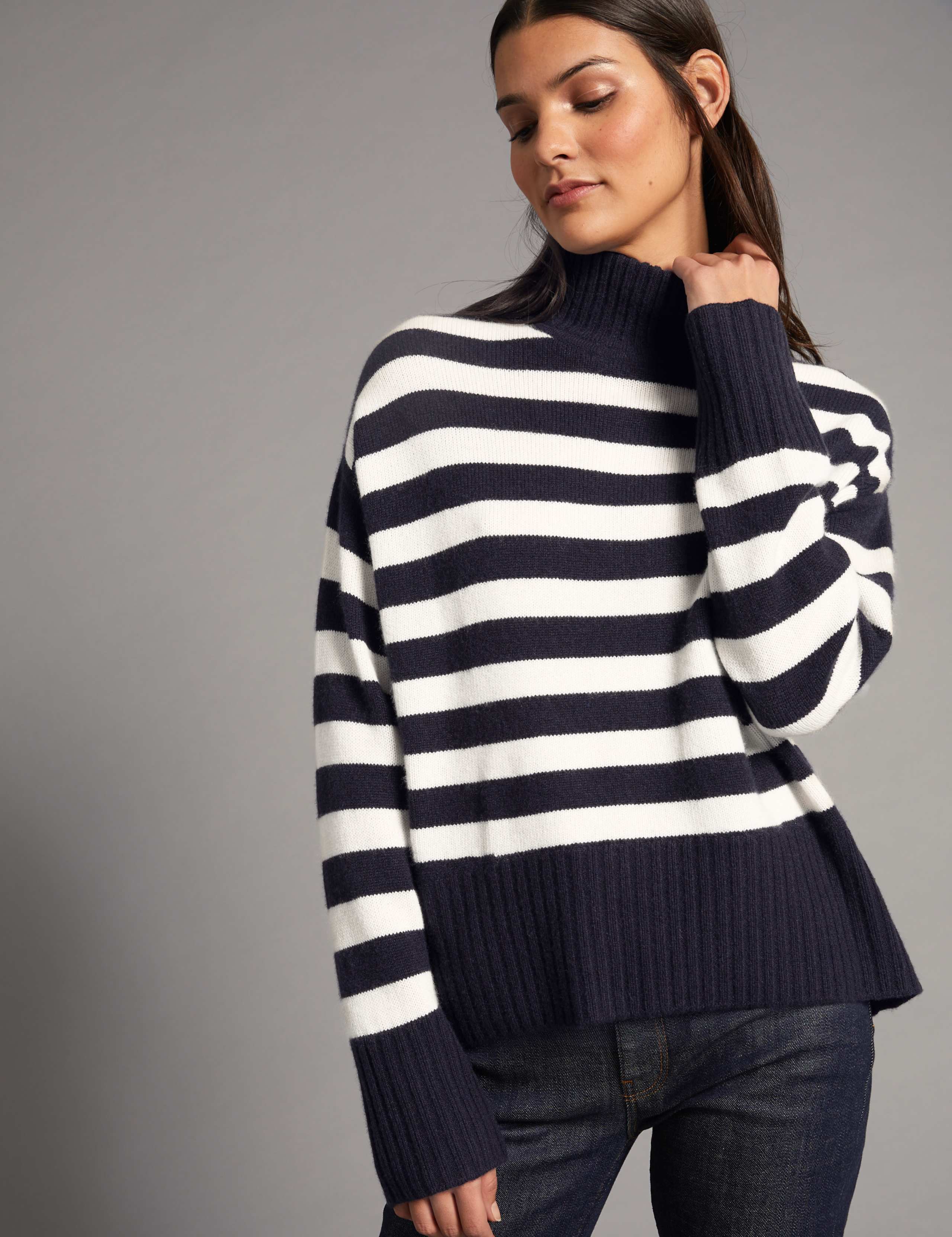 Pure Cashmere Striped Turtle Neck Jumper 1 of 5