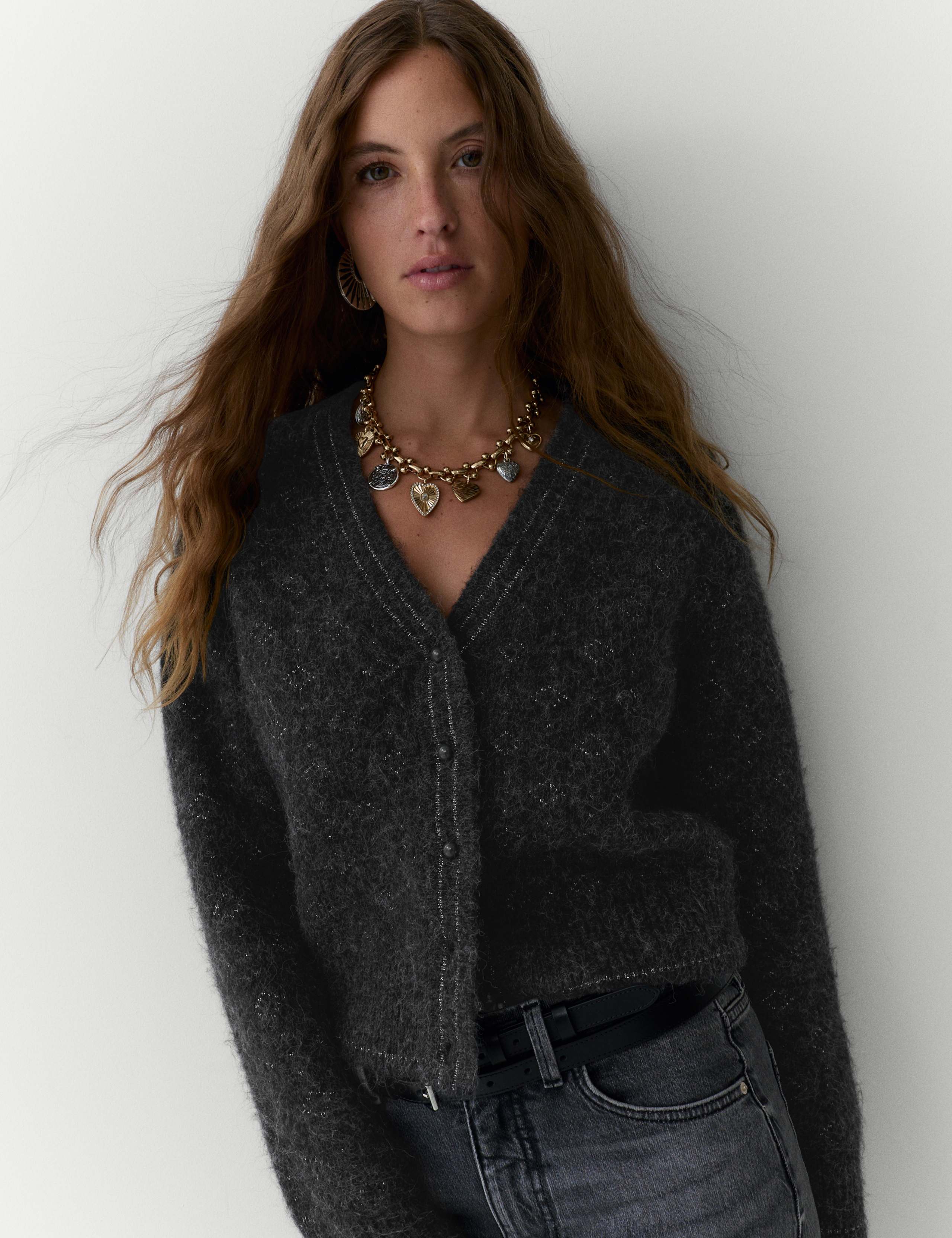 Lurex Jacquard V-Neck Cardigan with Wool 3 of 5