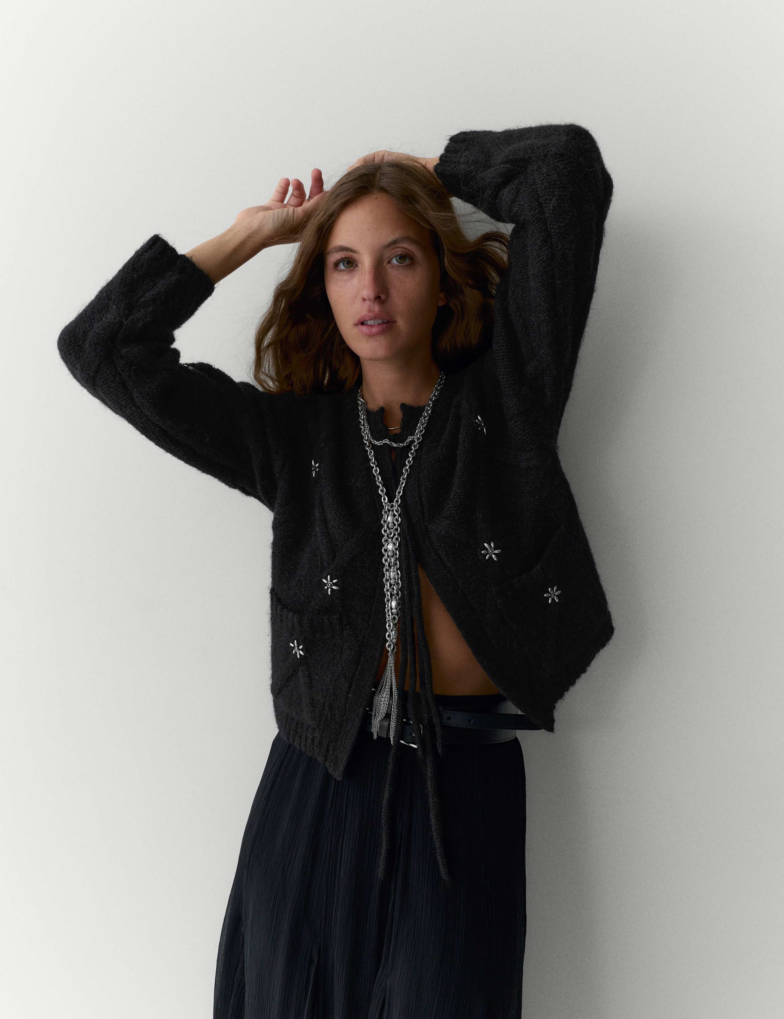 Embellished Diamond Tie Front Cropped Cardigan with Alpaca 3 of 5