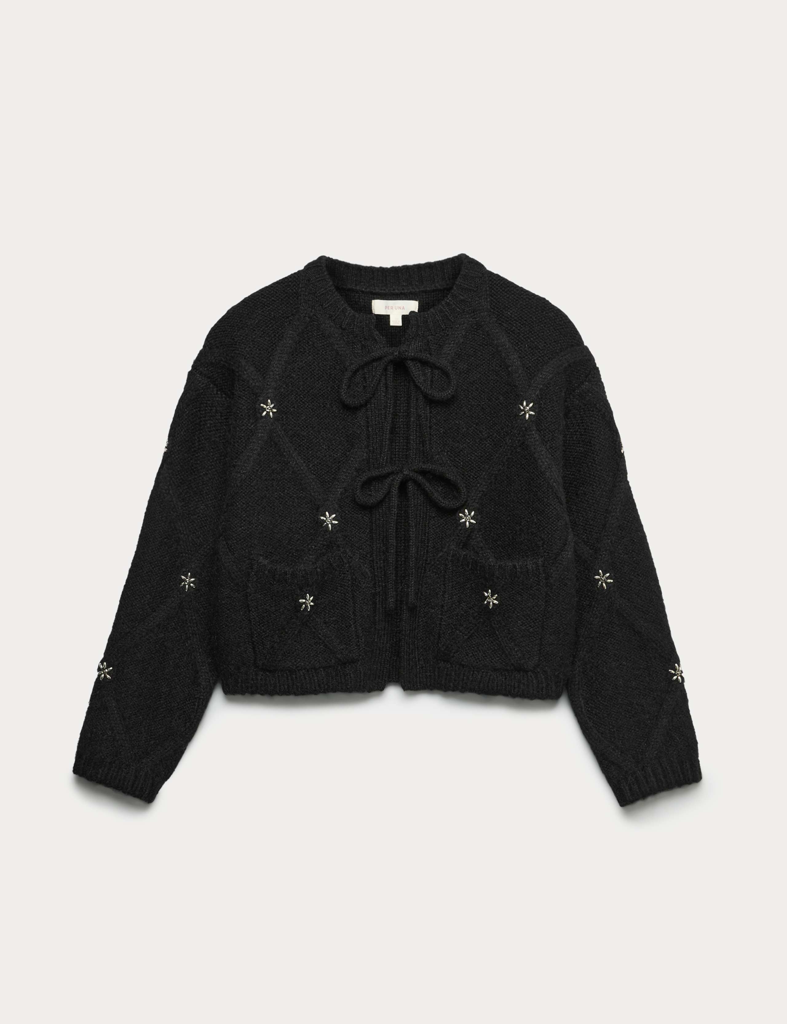 Embellished Diamond Tie Front Cropped Cardigan with Alpaca 2 of 5