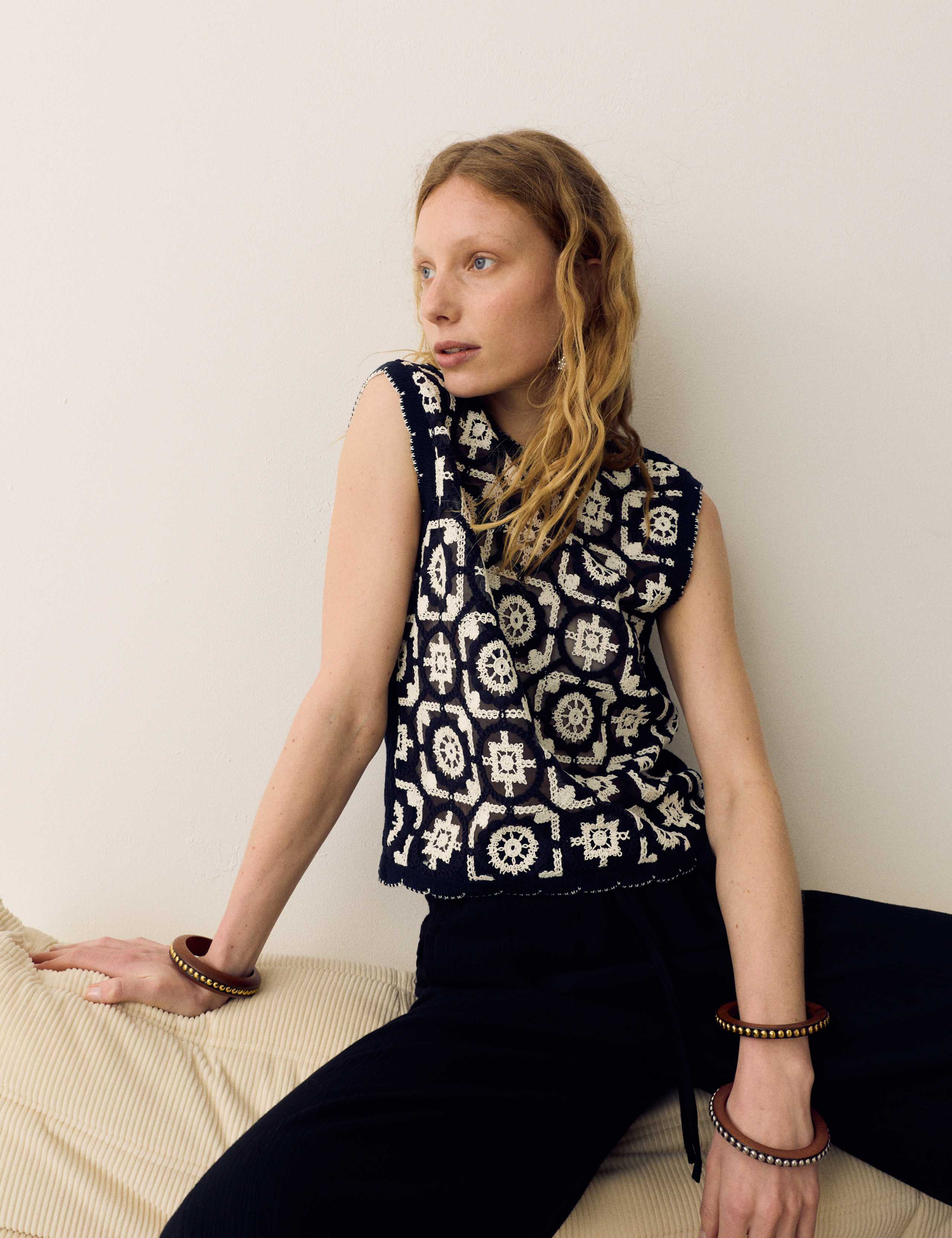 Cotton Rich Monotone Floral Crochet-Inspired Tabard 1 of 5