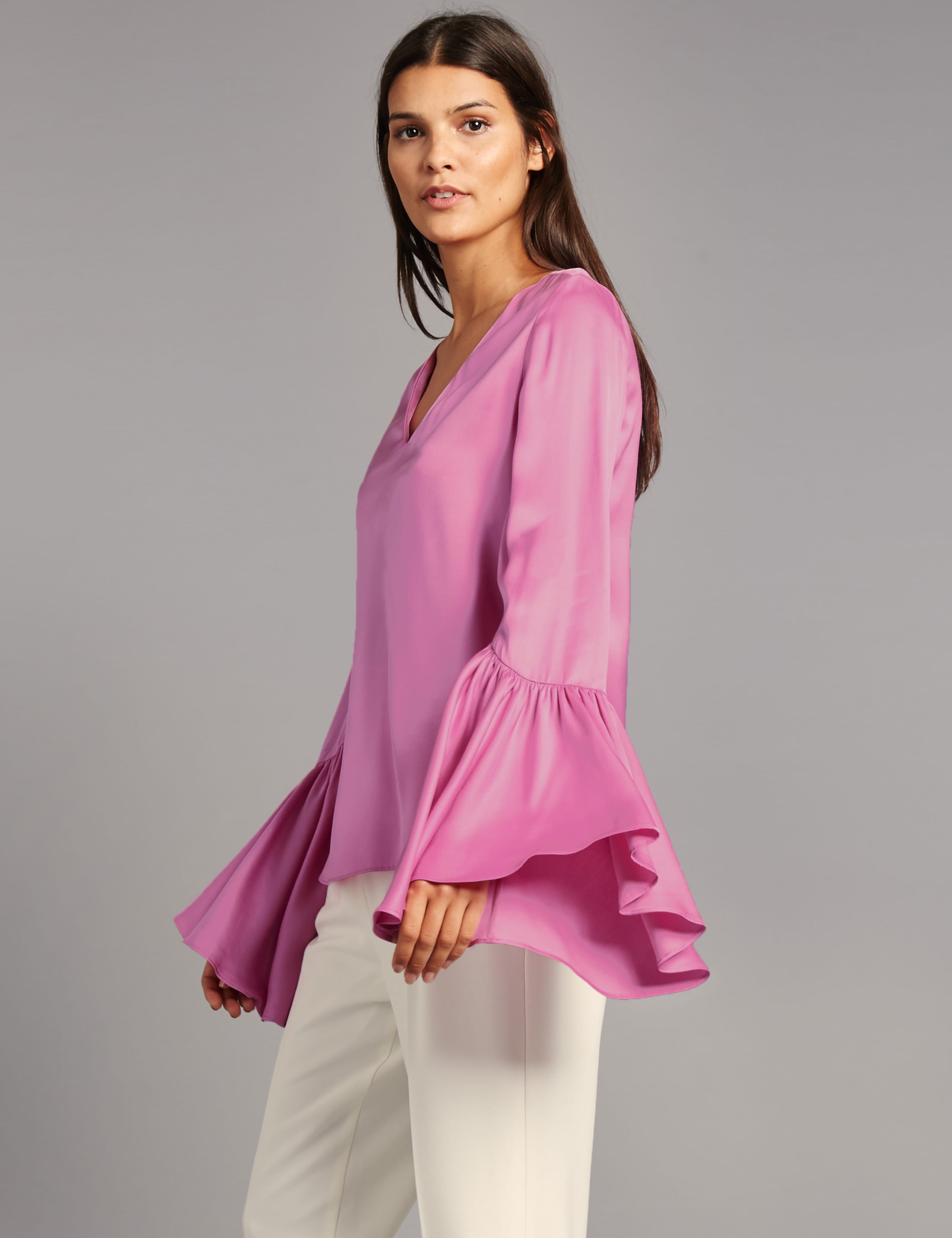 Satin Flared Cuff V-Neck Shell Top 1 of 4