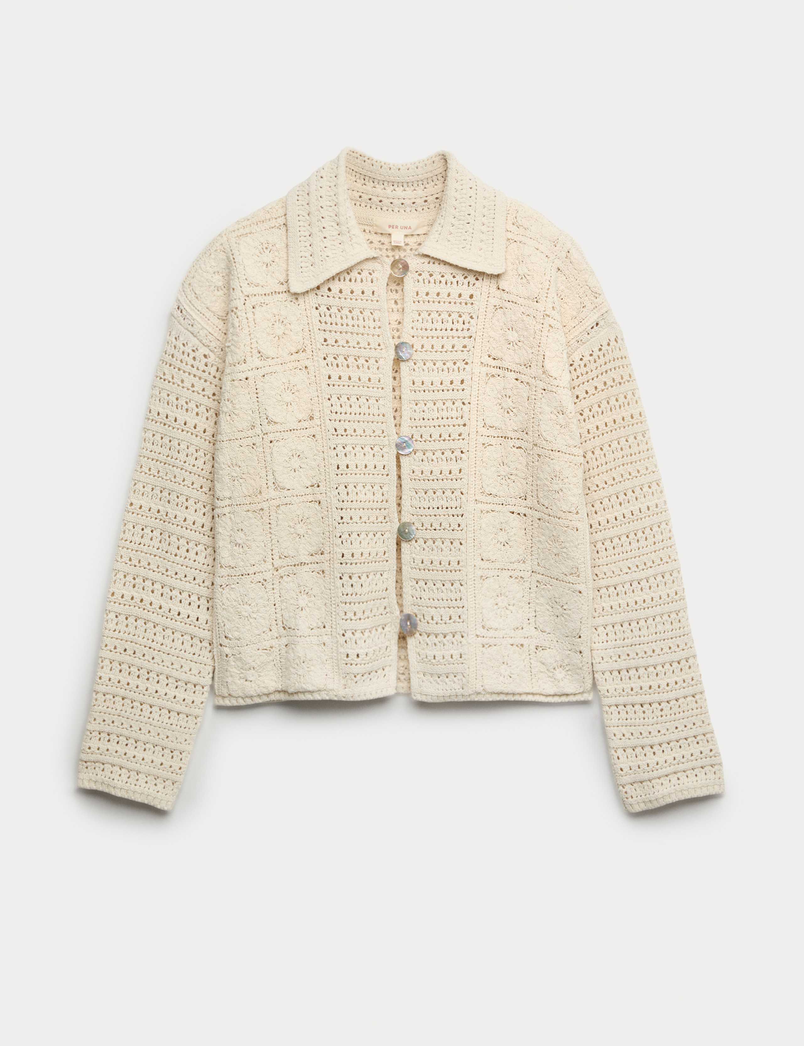 Cotton Blend Crochet Look Collared Cardigan 2 of 5