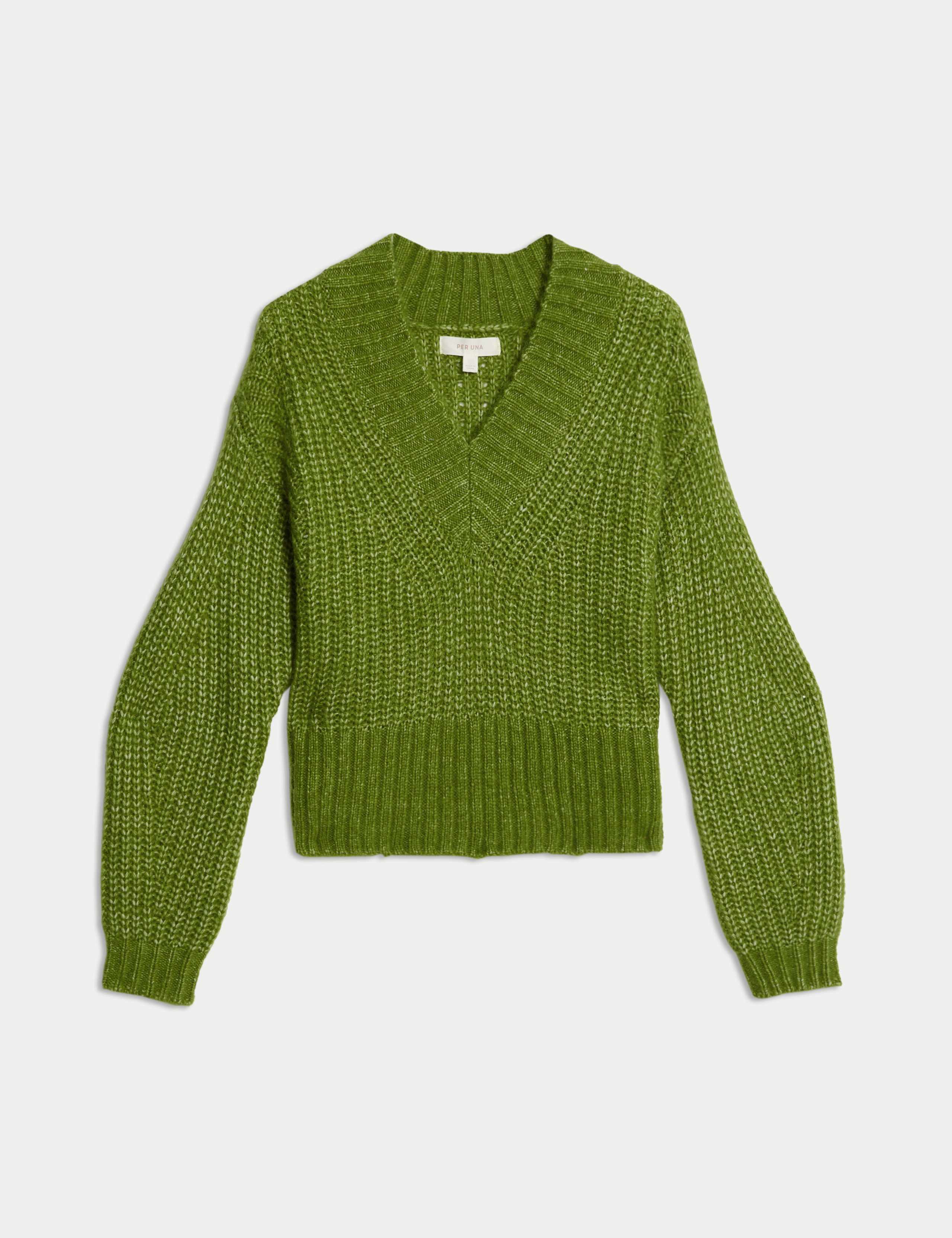 Ribbed V-Neck Puff Sleeve Jumper with Wool 2 of 7