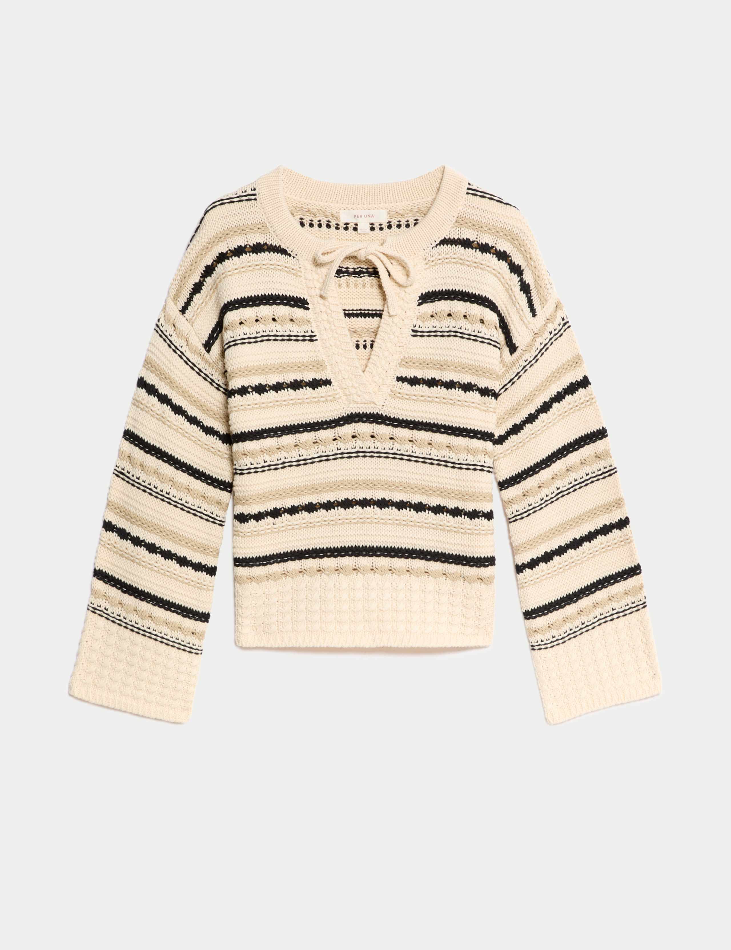 Cotton Rich Striped Textured V-Neck Jumper 2 of 5