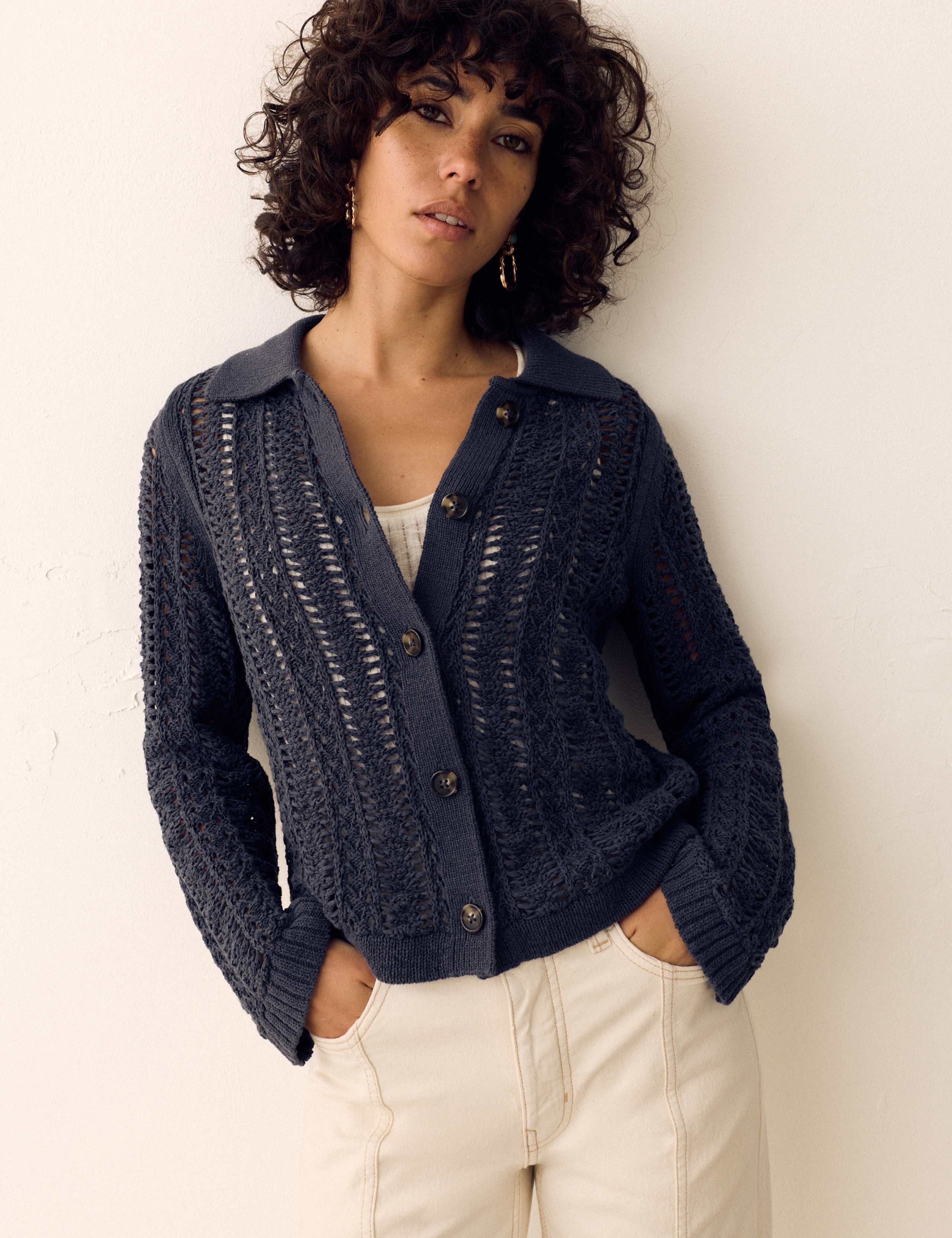 Cotton Rich Textured Collared Cardigan 1 of 7