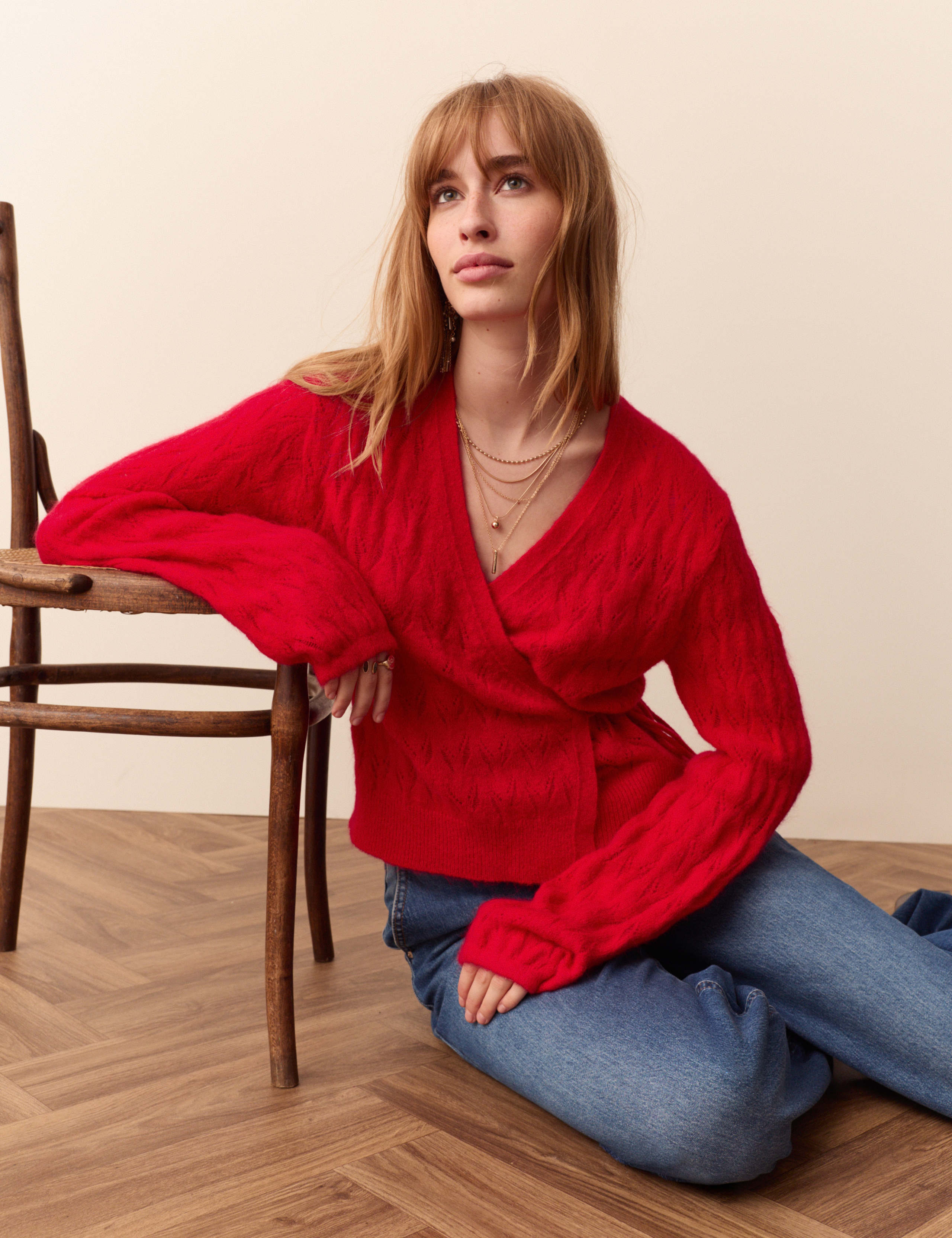 Textured V Neck Wrap Cardigan with Wool 1 of 5