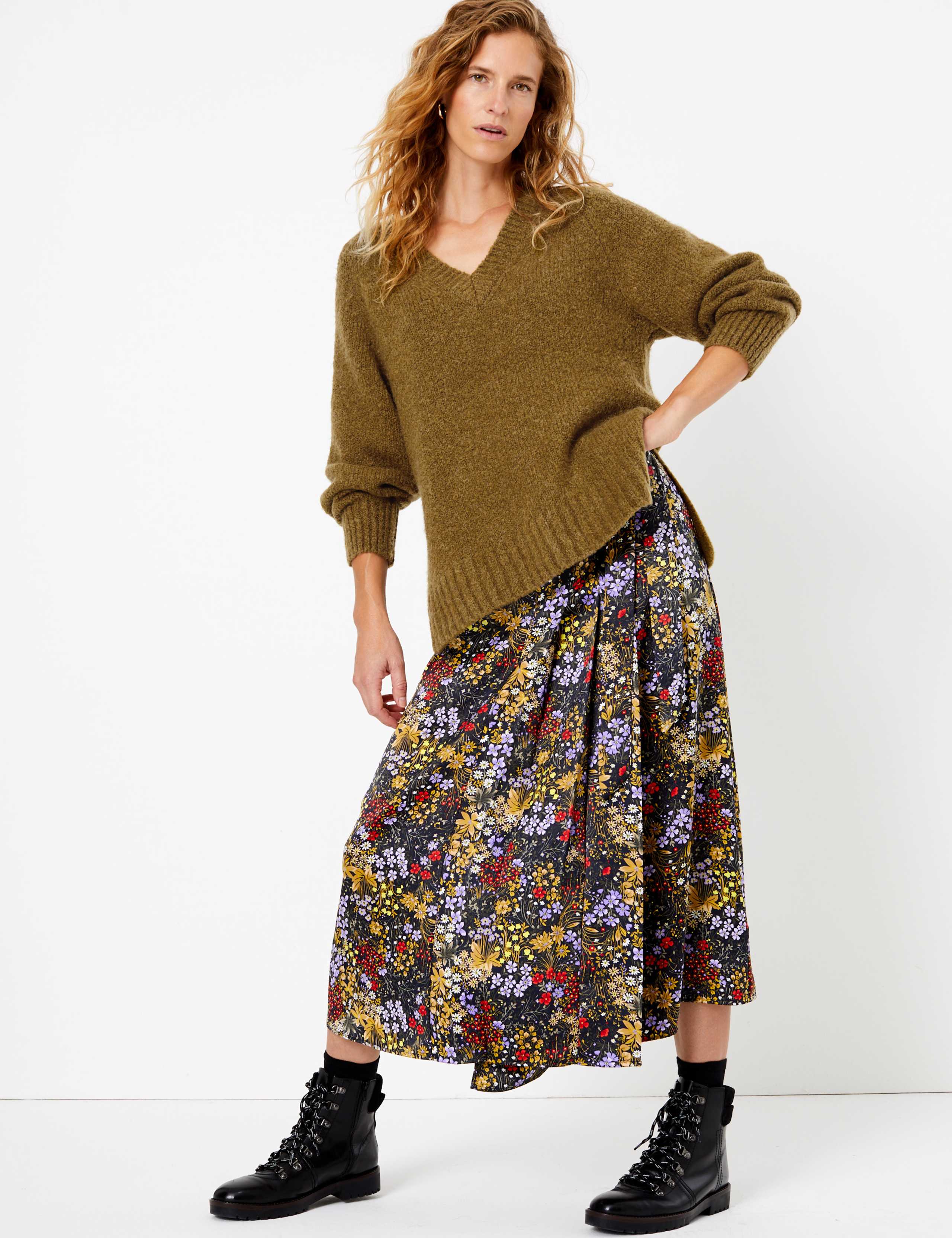 Satin Floral Print Wrap Midi Skirt 1 of 7