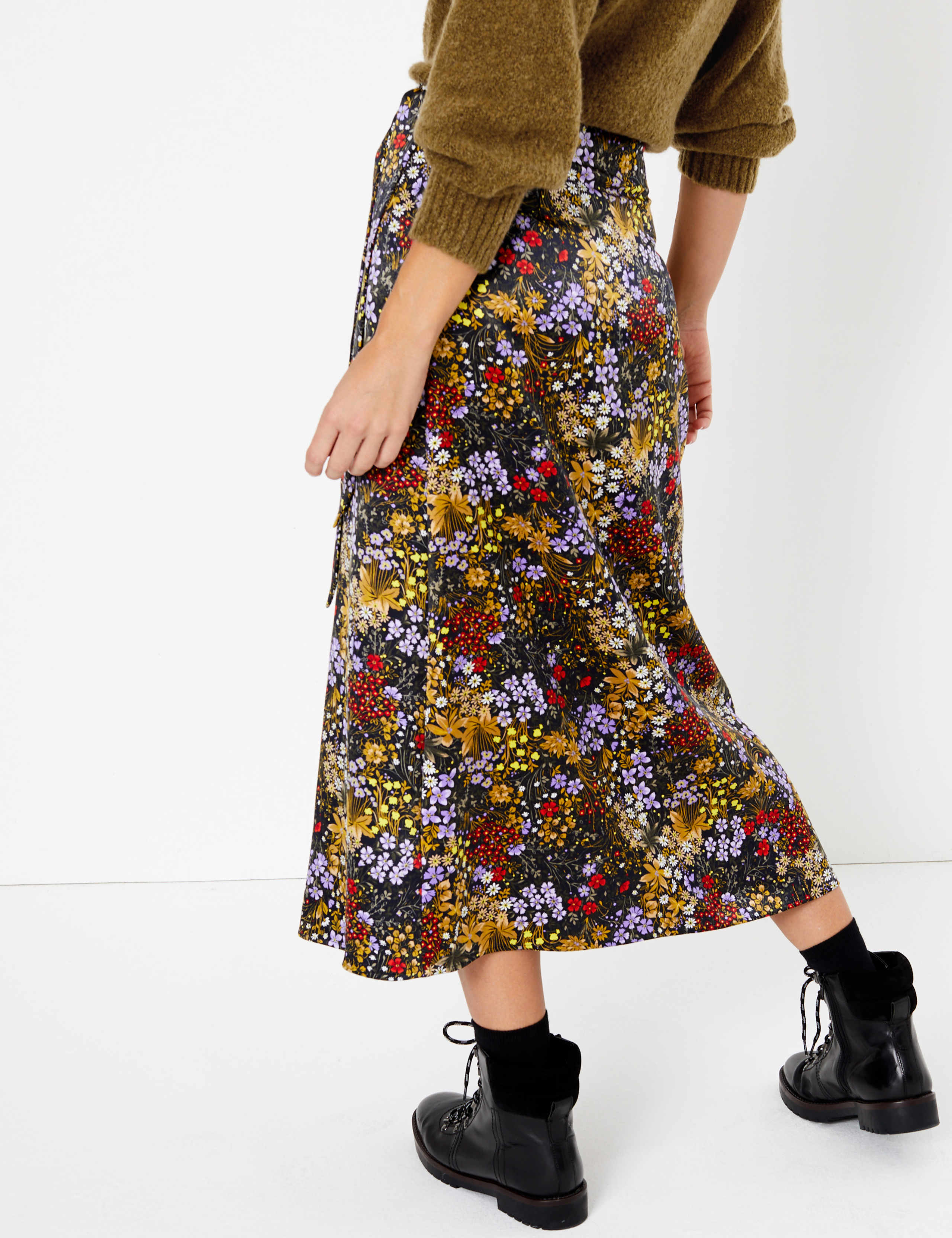 Satin Floral Print Wrap Midi Skirt 4 of 7