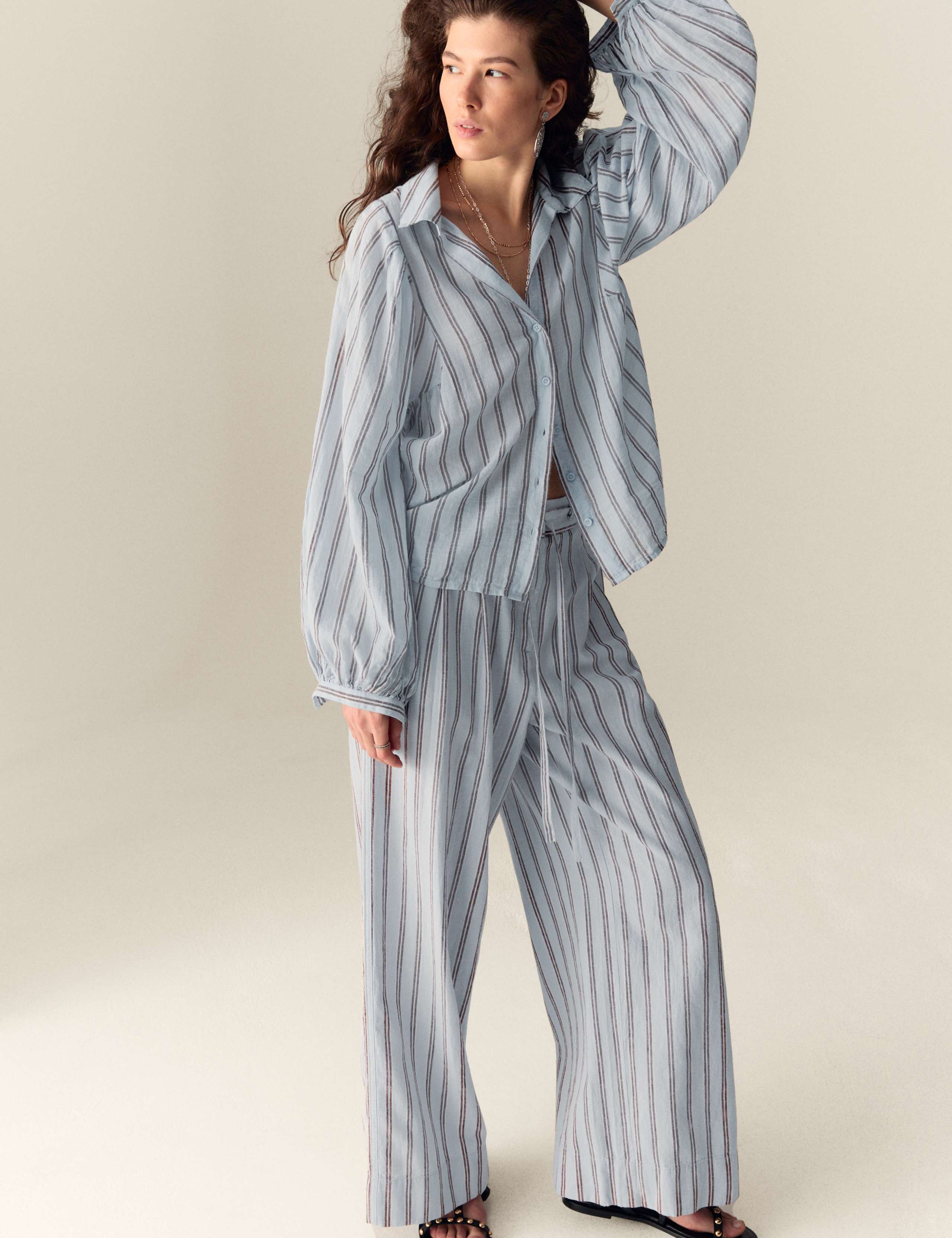 Linen Blend Striped Drawstring Wide Leg Trousers 3 of 4