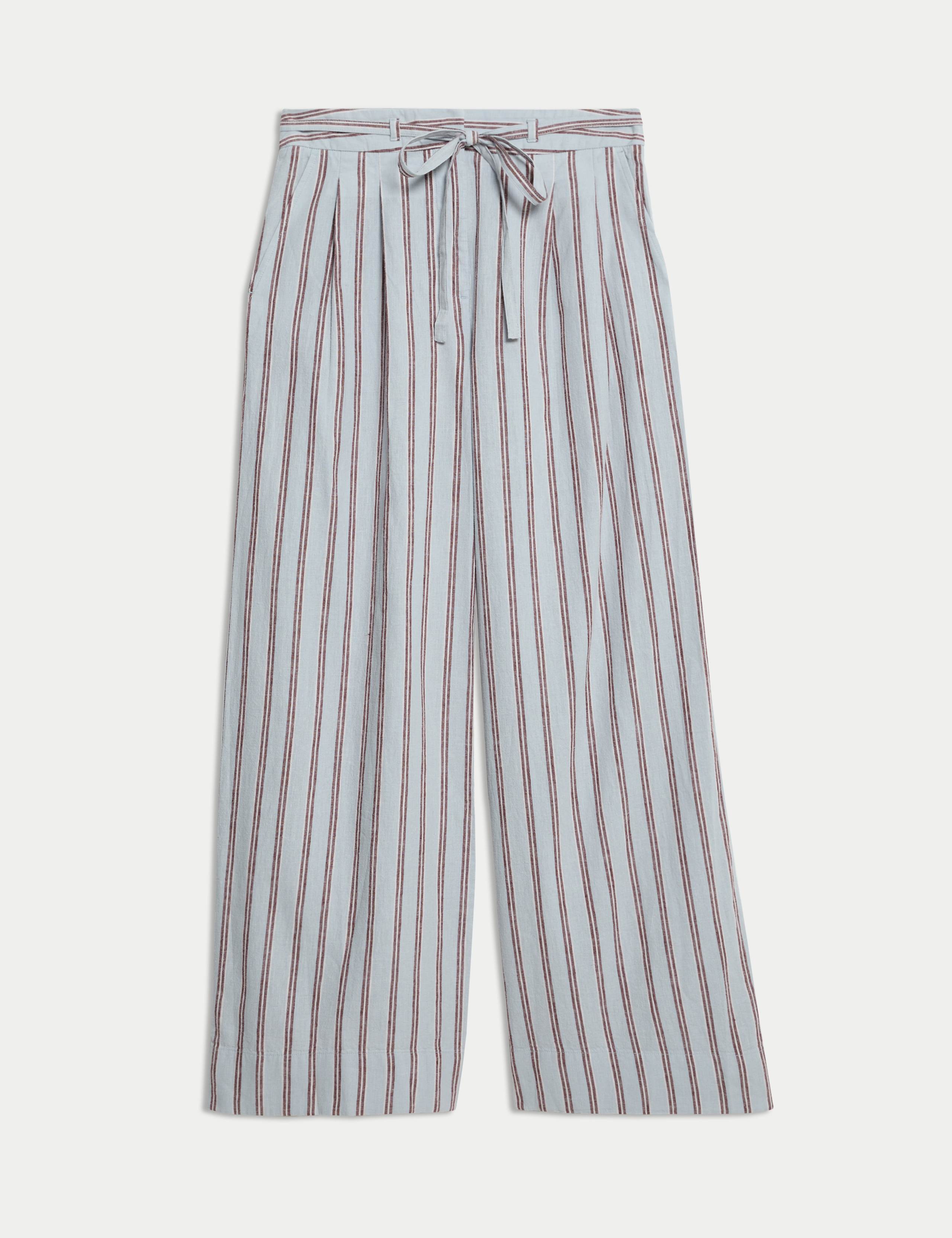 Linen Blend Striped Drawstring Wide Leg Trousers 2 of 4