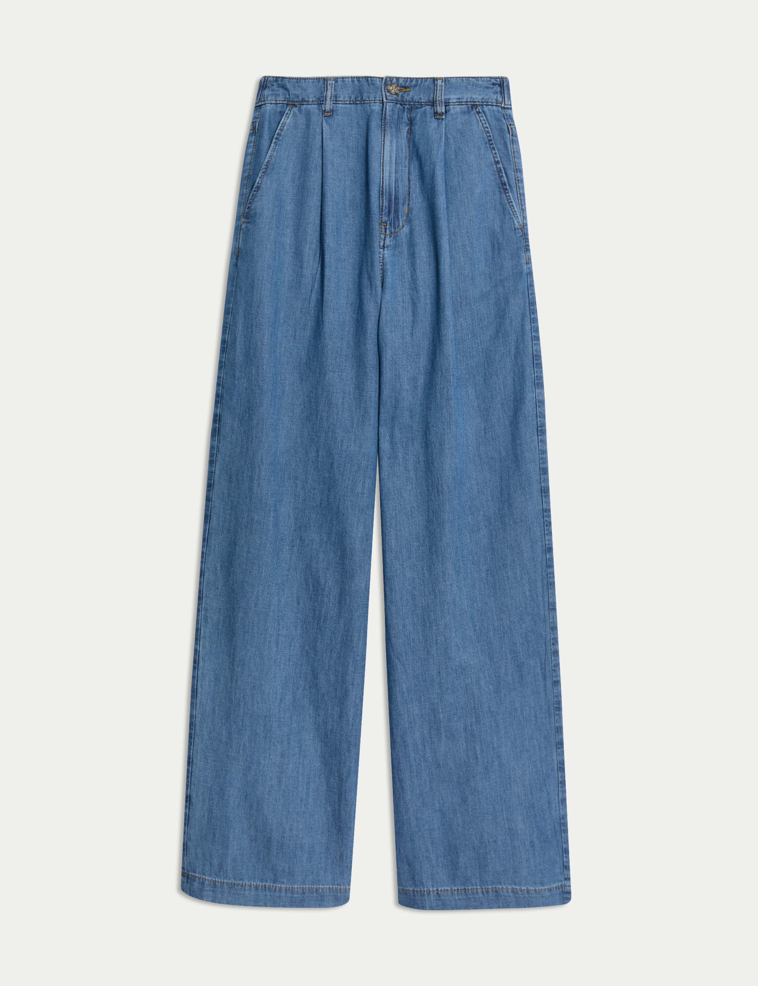 Denim High Waisted Pleat Front Wide Leg Jeans 2 of 4
