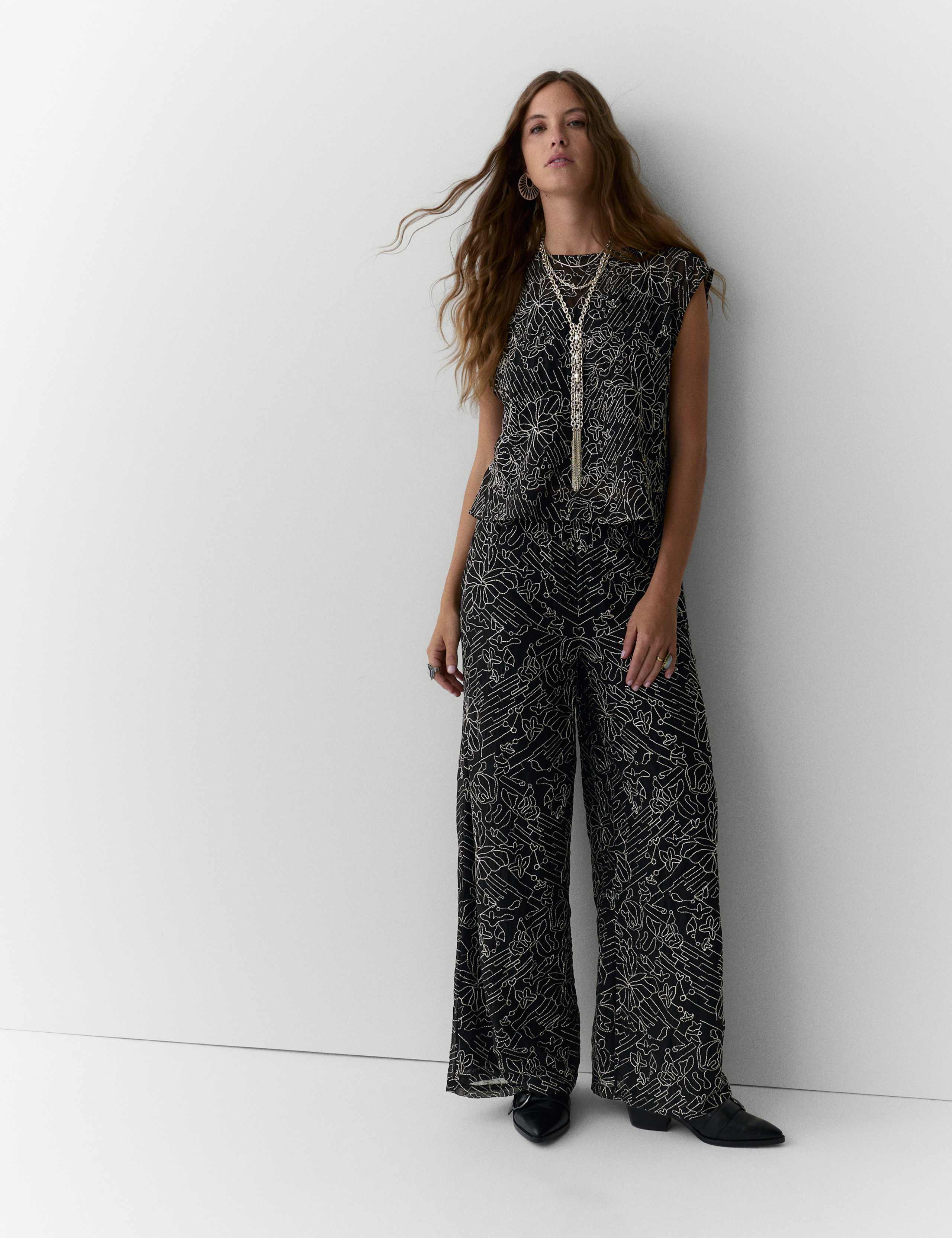 Embroidered Metallic Wide Leg Trousers 3 of 5