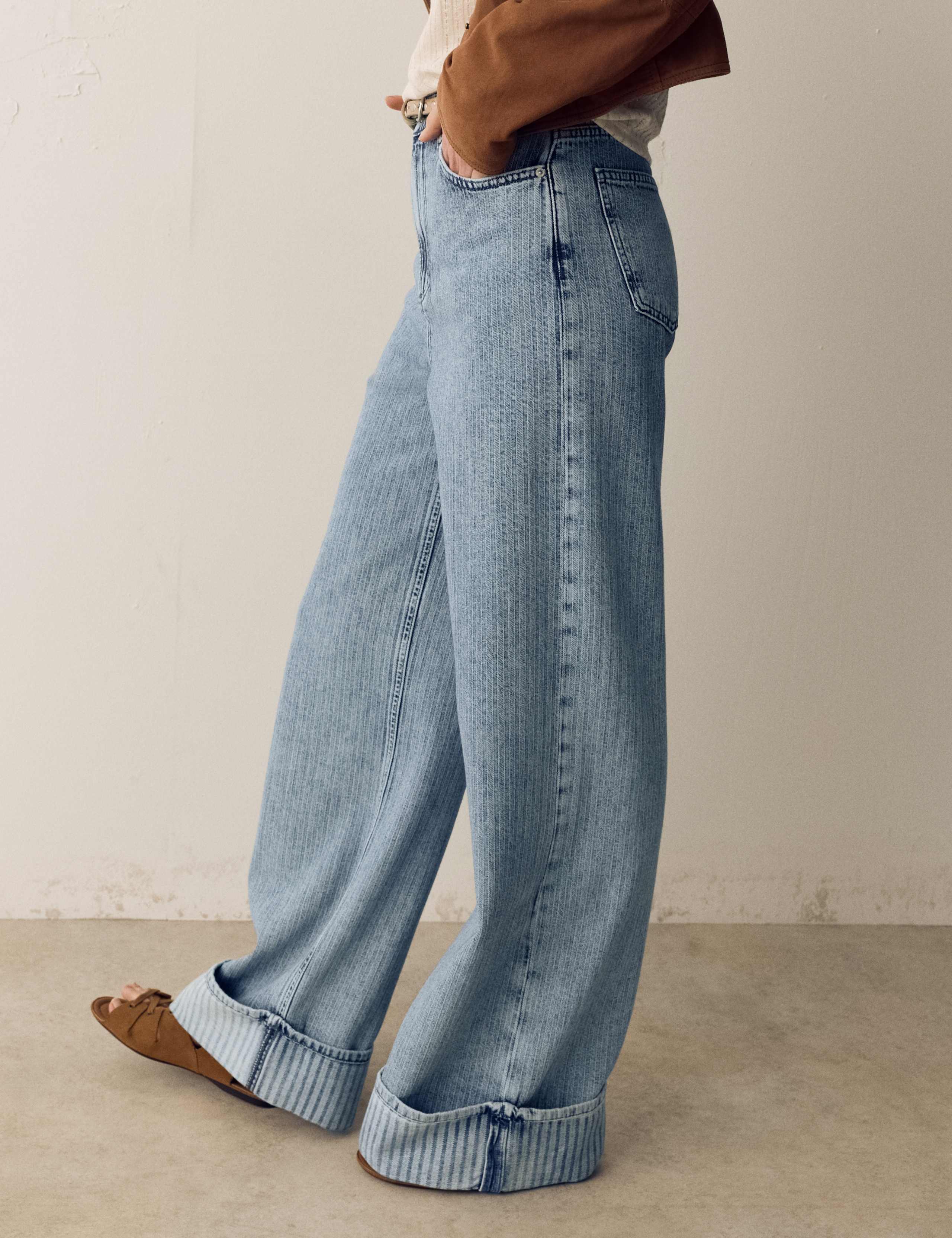 High Waisted Striped Wide Leg Turn Up Jeans 4 of 6
