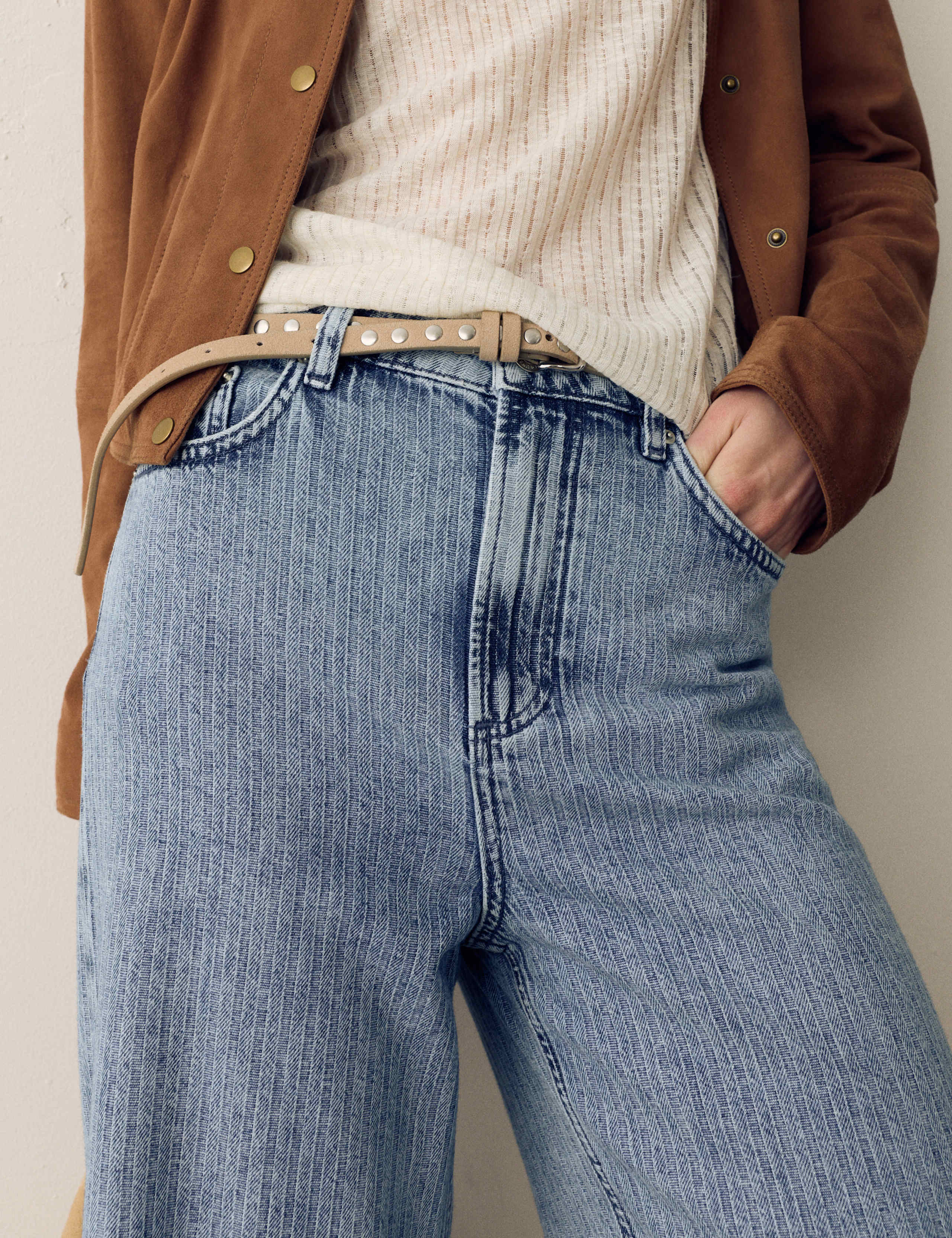 High Waisted Striped Wide Leg Turn Up Jeans 5 of 6