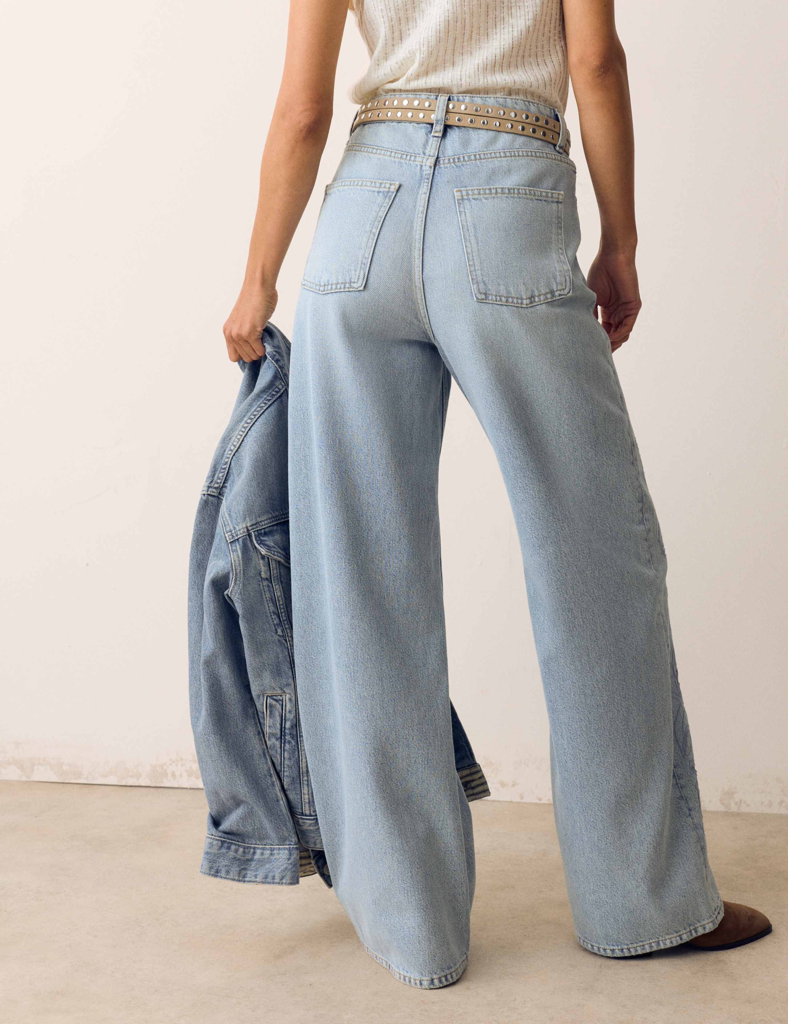 Pure Cotton Embroidered Cutwork High Waisted Wide Leg Jeans 3 of 6