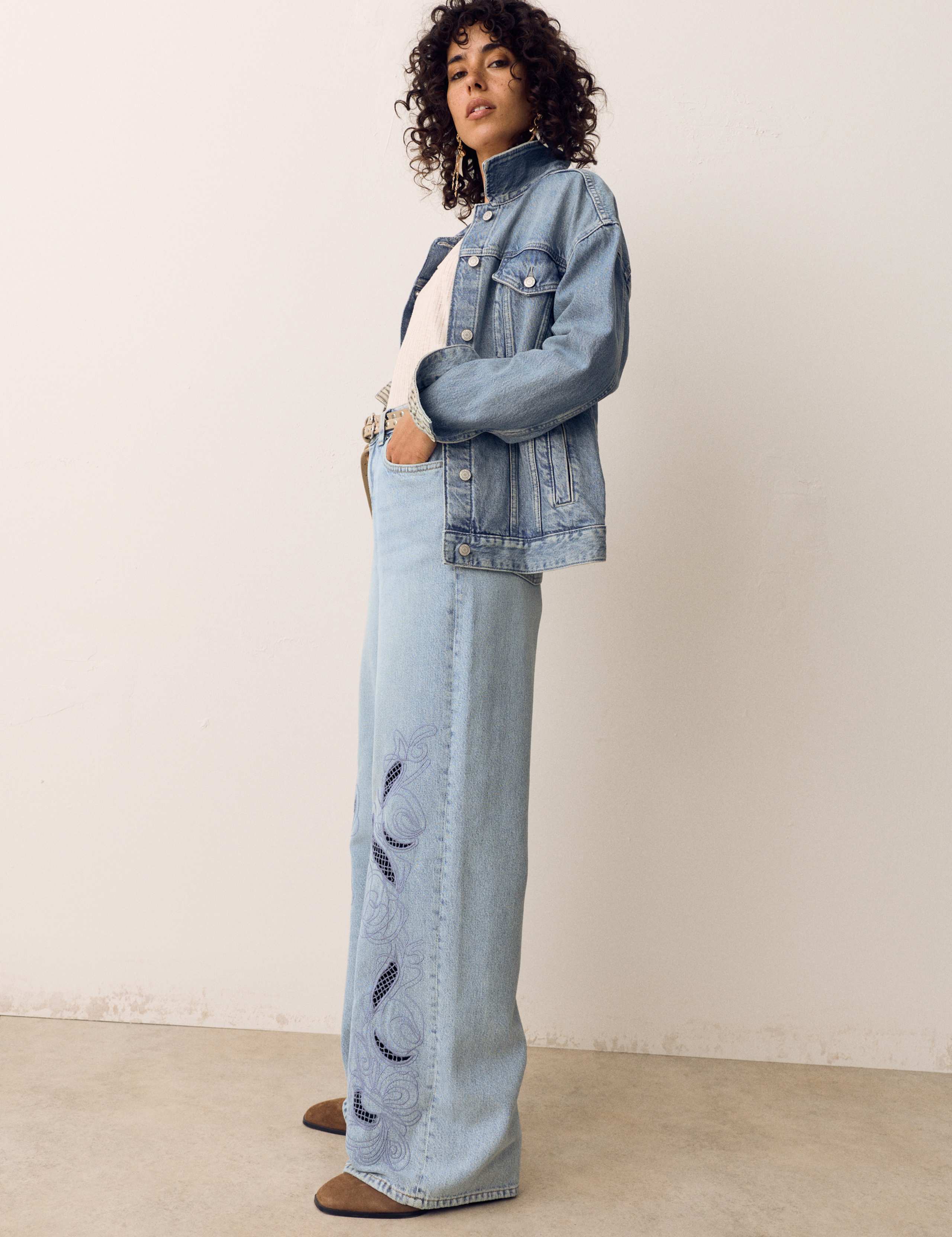Pure Cotton Embroidered Cutwork High Waisted Wide Leg Jeans 6 of 6