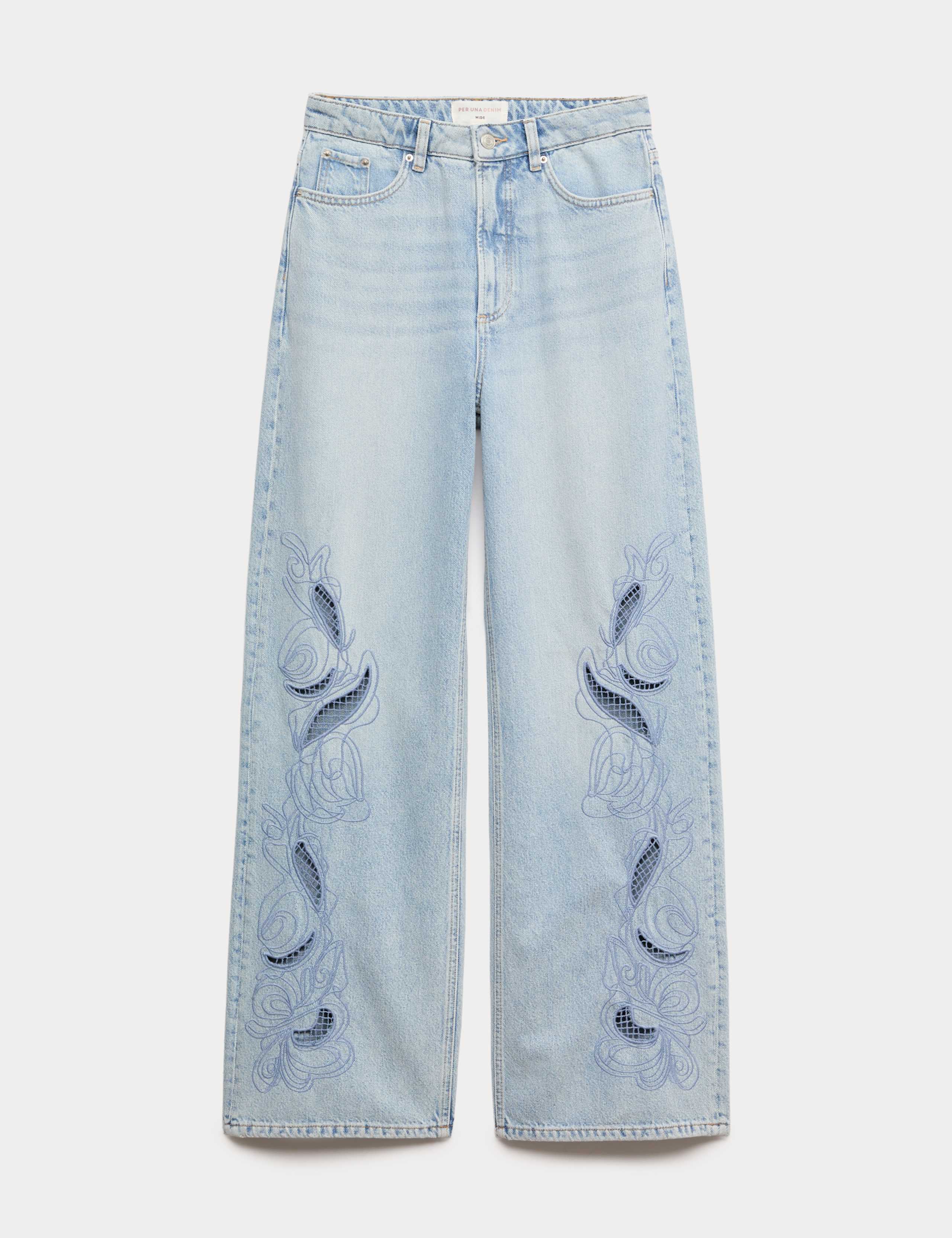 Pure Cotton Embroidered Cutwork High Waisted Wide Leg Jeans 2 of 6