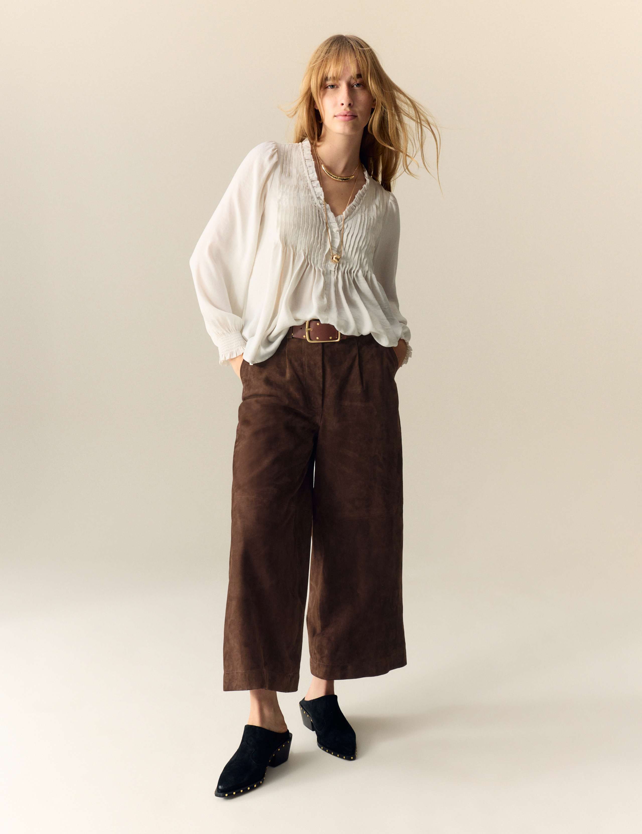 Suede Wide Leg Cropped Trousers 3 of 6