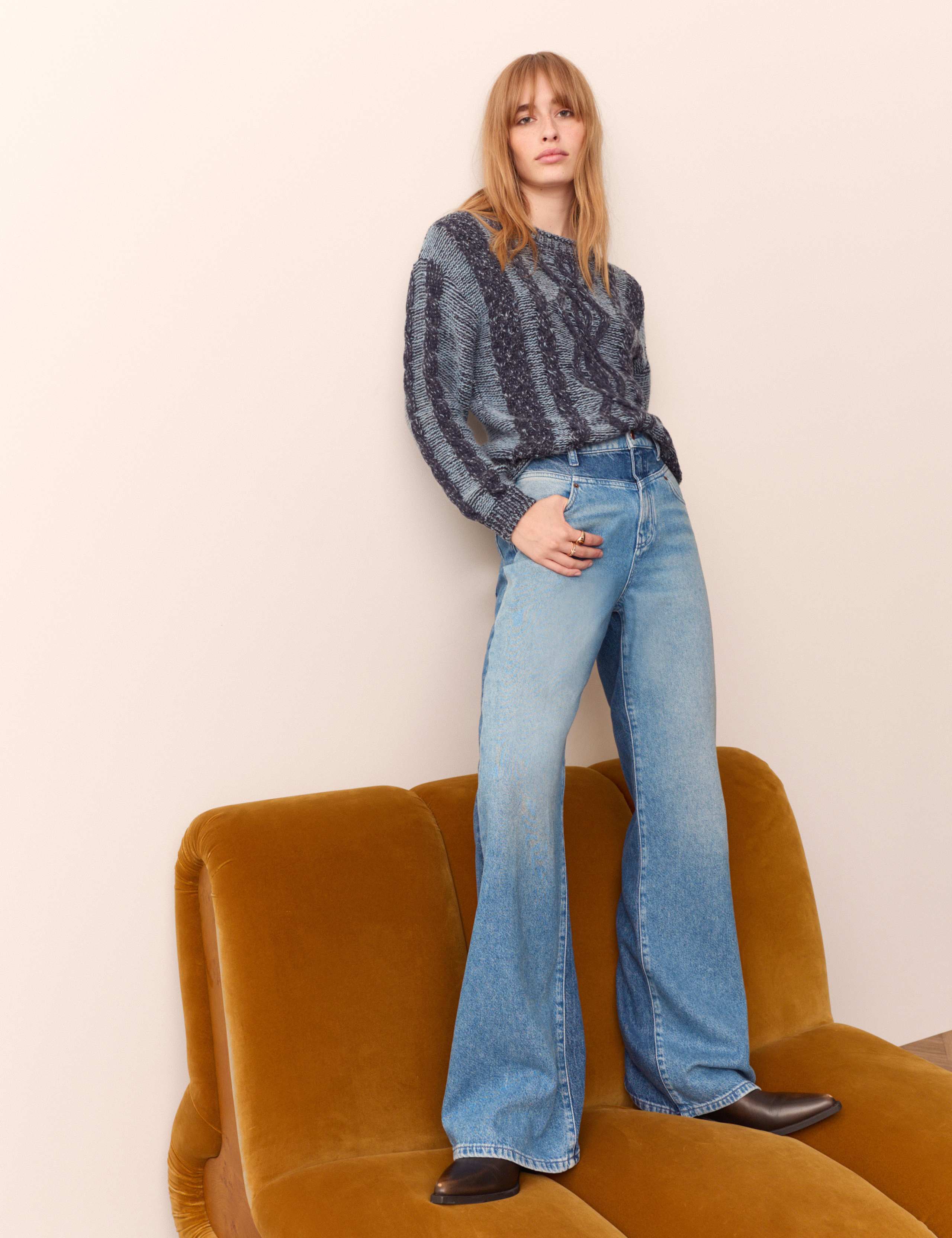 Lyocell Blend Mid Rise Two Tone Bootcut Jeans 1 of 5
