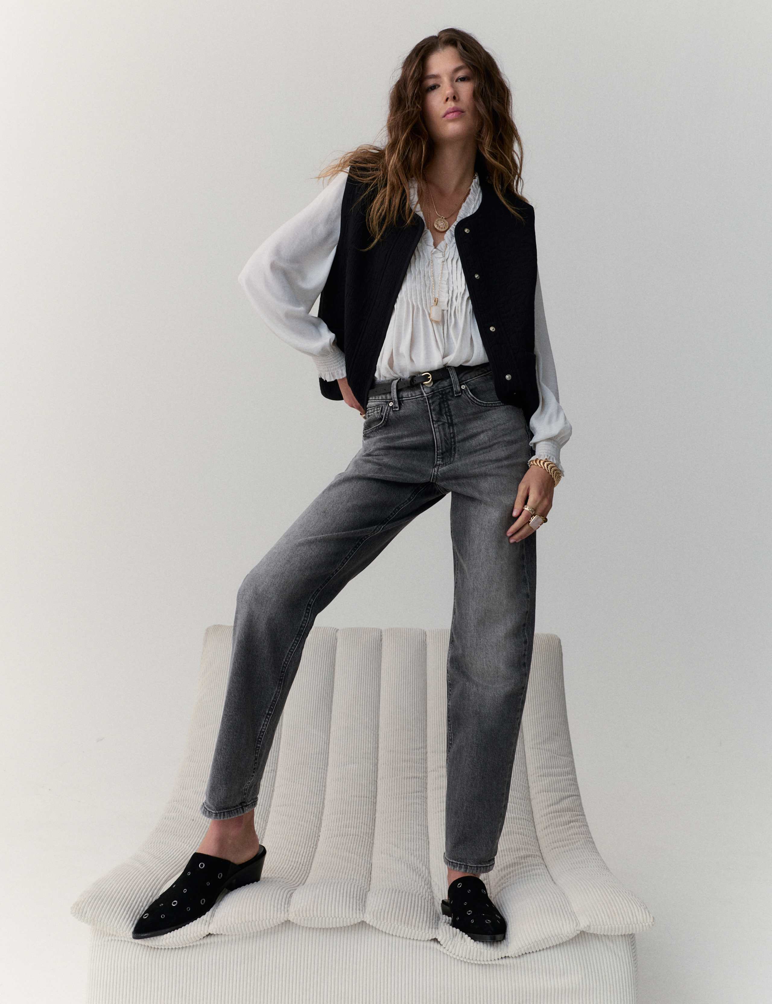 Cecil Jeans Donna A Gamba Larga Vita Alta Con Dettaglio Turn-Up Fantasia - Denim Blu Morbido E Comodo