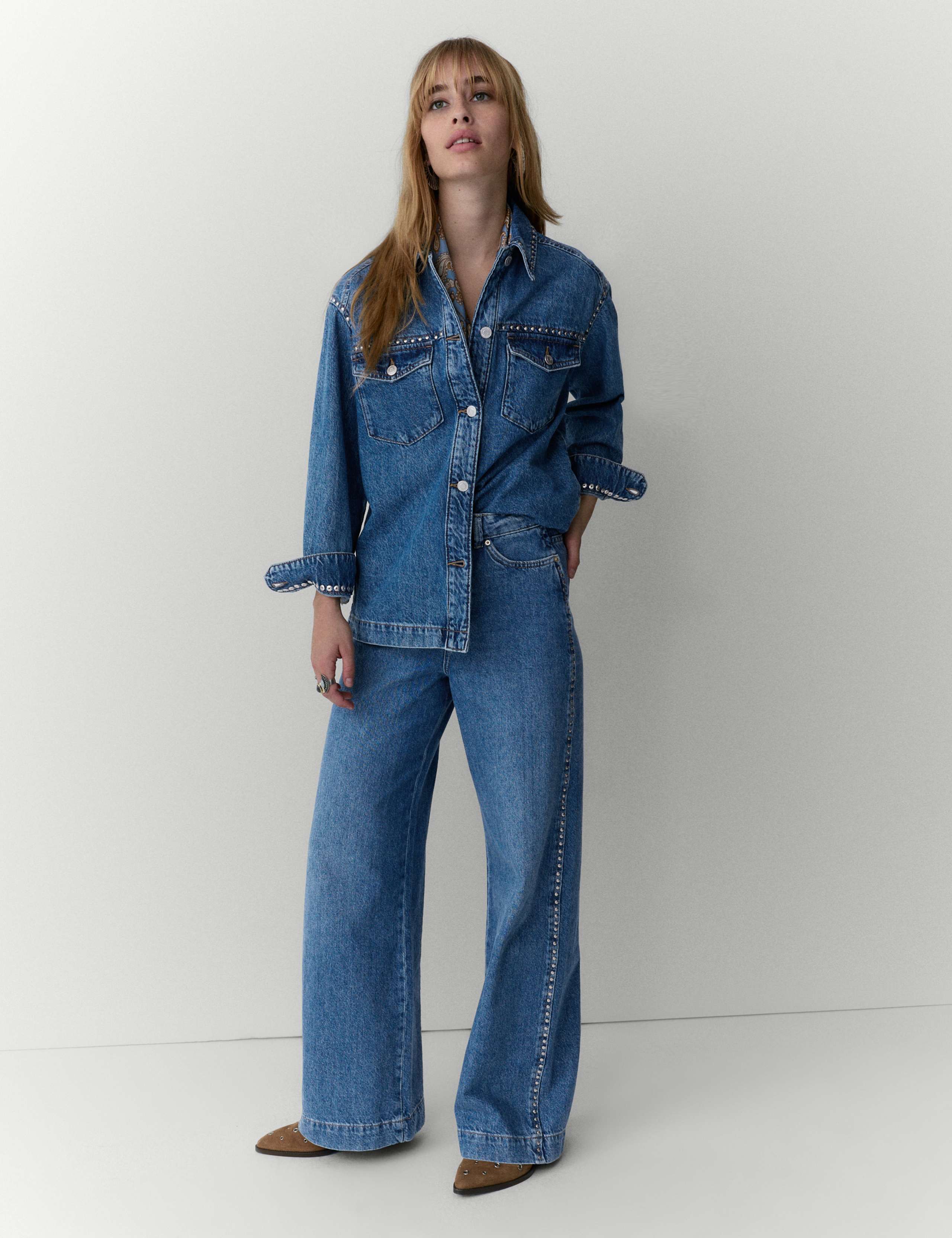 Denim Embellished Studded Wide Leg Jeans 3 of 6