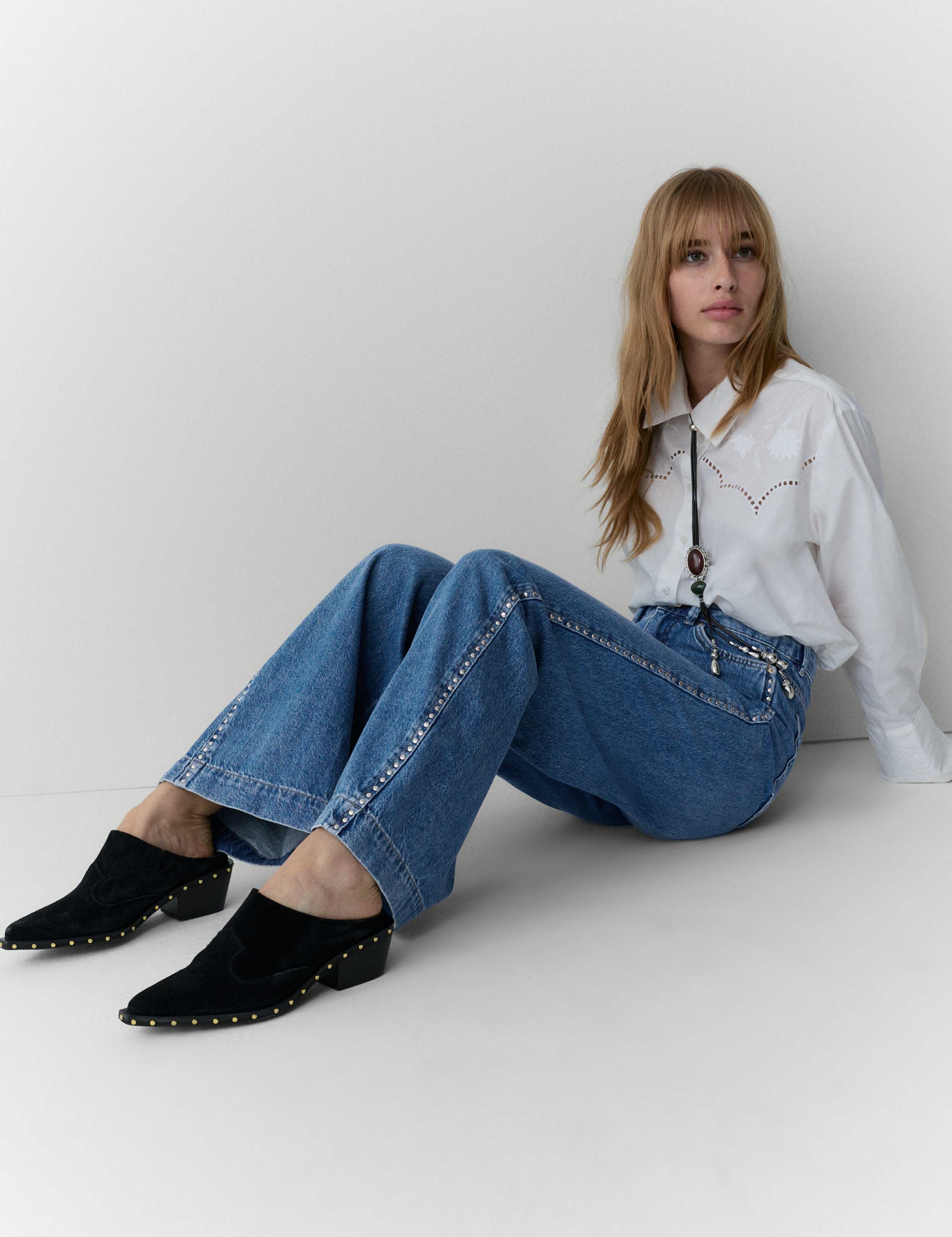 Denim Embellished Studded Wide Leg Jeans 6 of 6