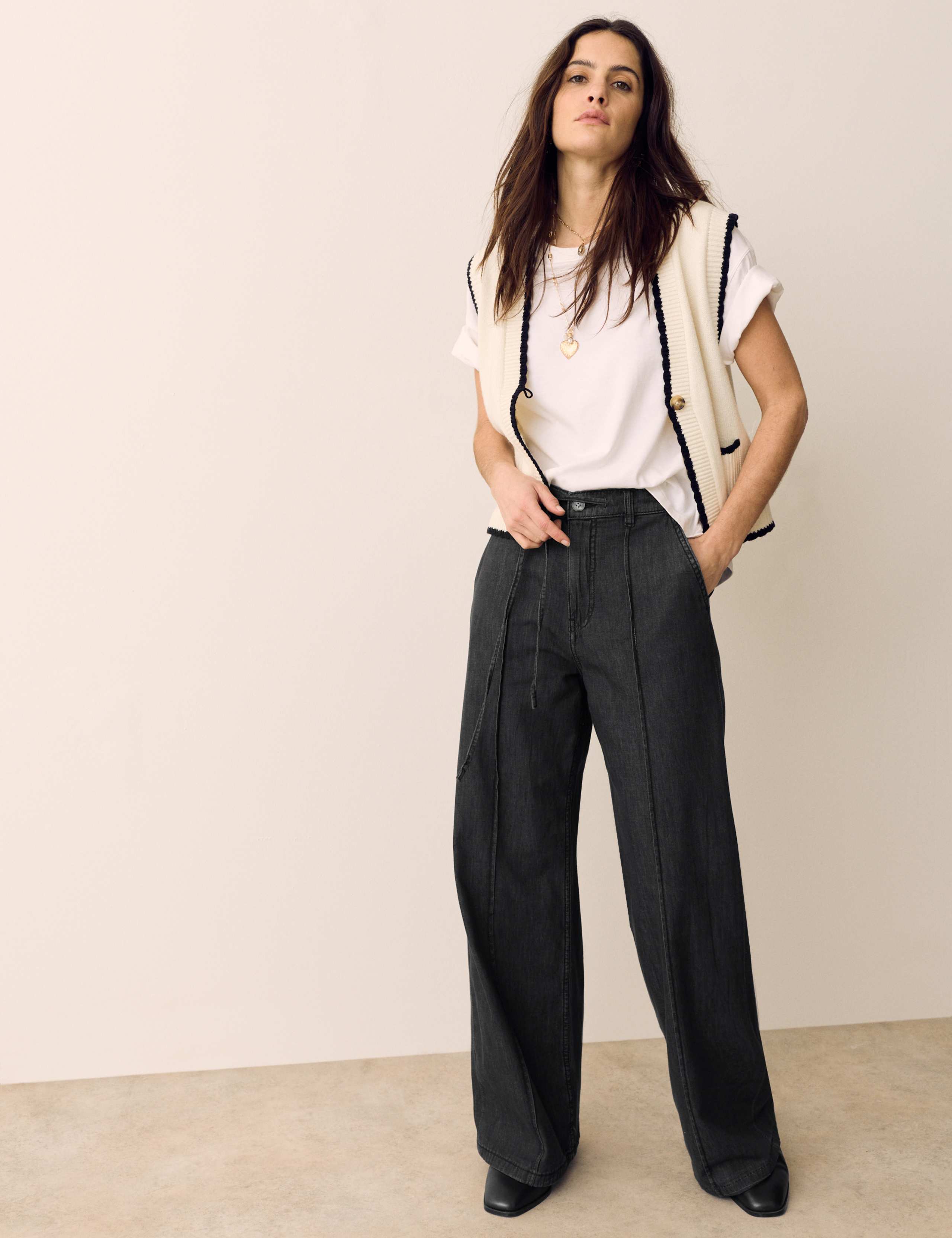 Denim Pintuck Wide Leg Jeans 1 of 5