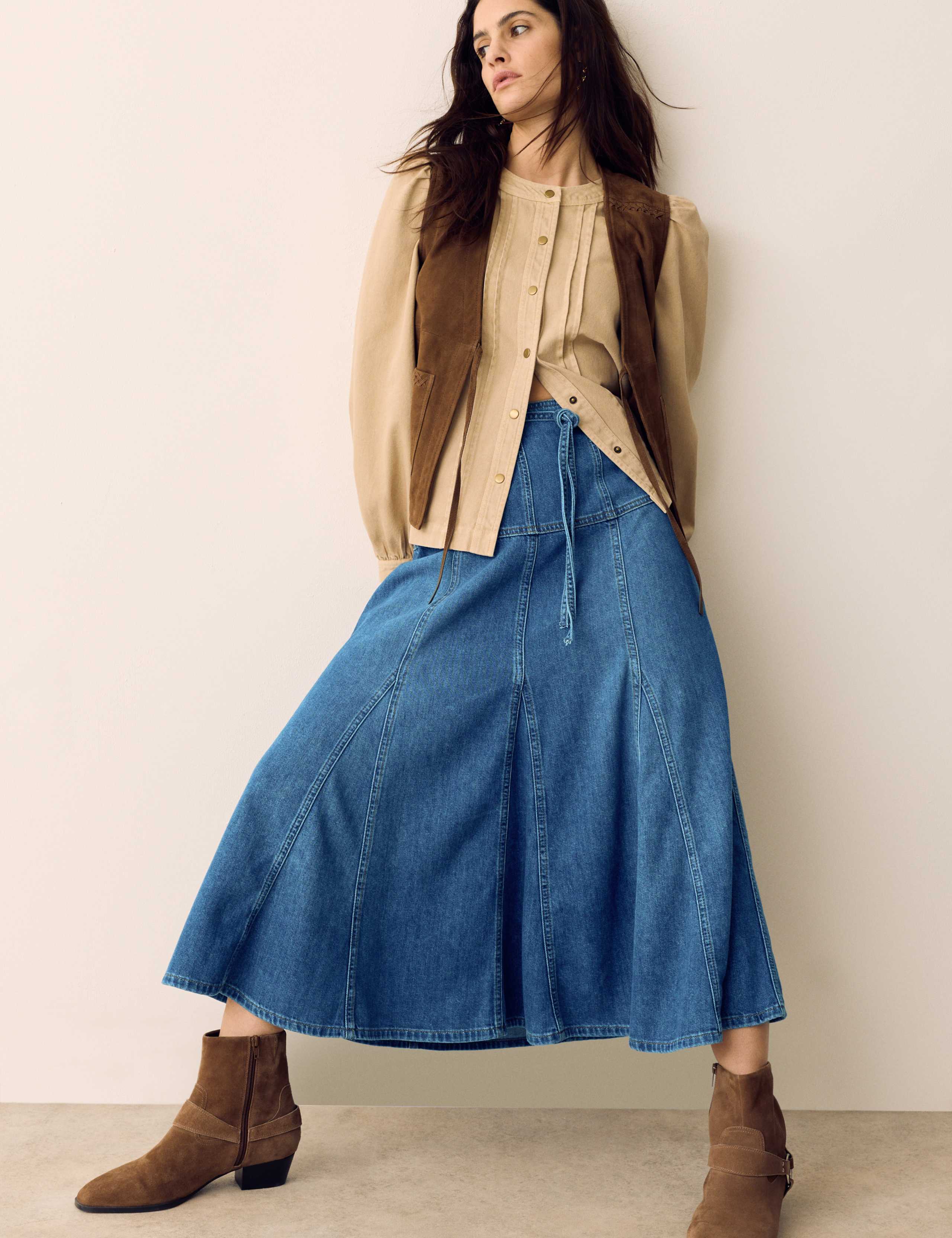 Denim Tie Waist Midi Skirt 1 of 5