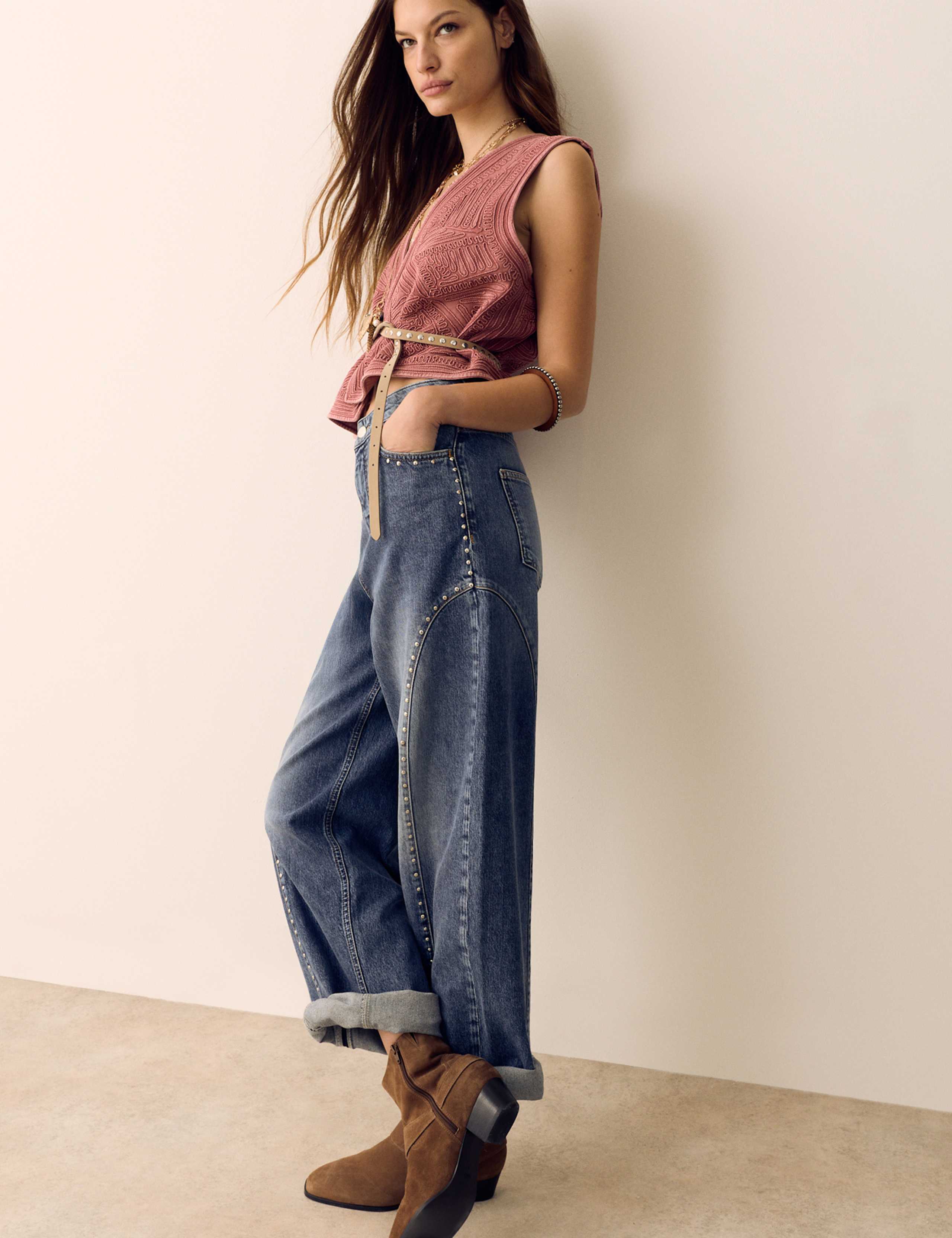 Western High Waisted Studded Tapered Jeans 1 of 7