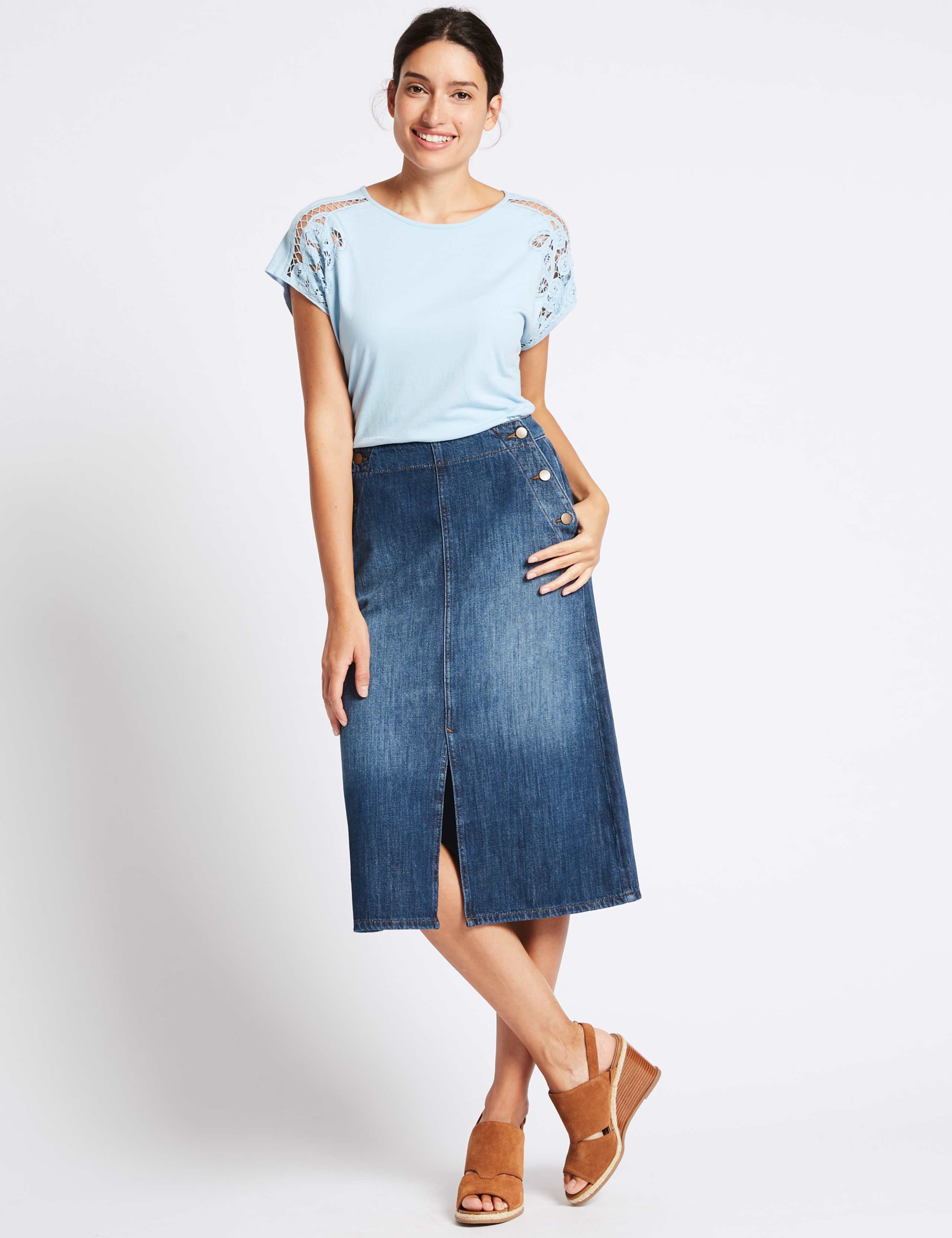 Denim Split Detail Pencil Midi Skirt 1 of 4