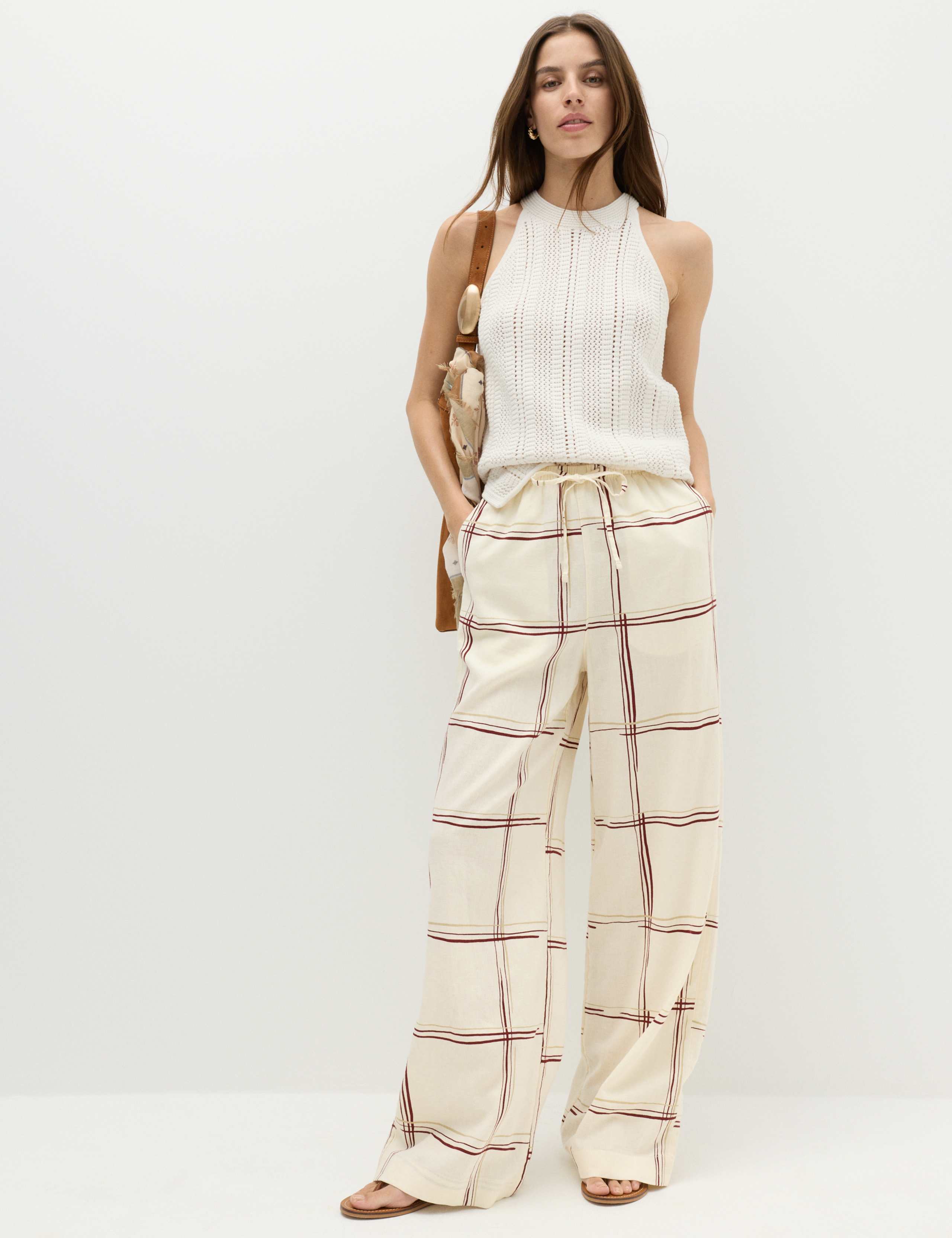 Linen Rich Checked Wide Leg Trousers 1 of 6