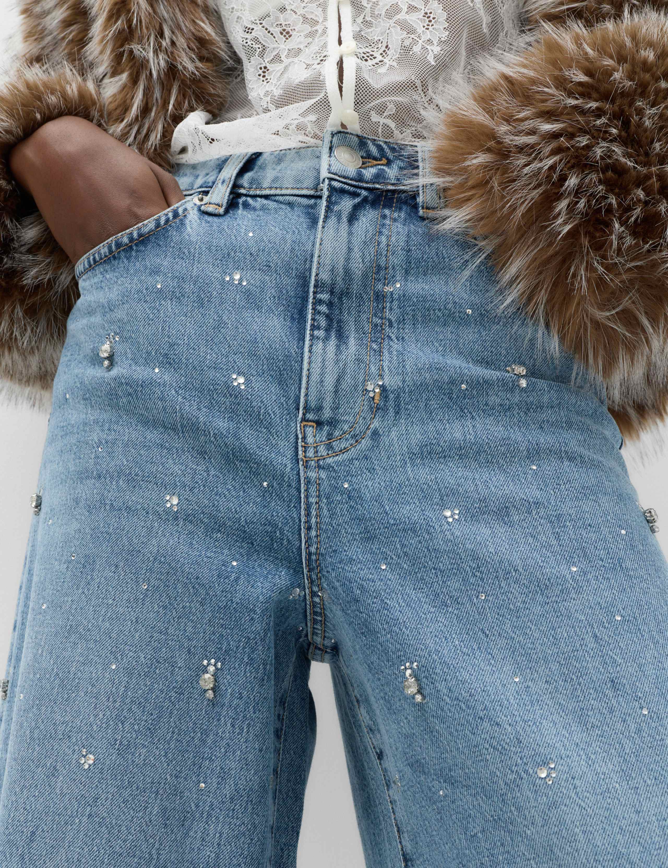 Cotton Rich Embellished High Waisted Wide Leg Jeans 3 of 6
