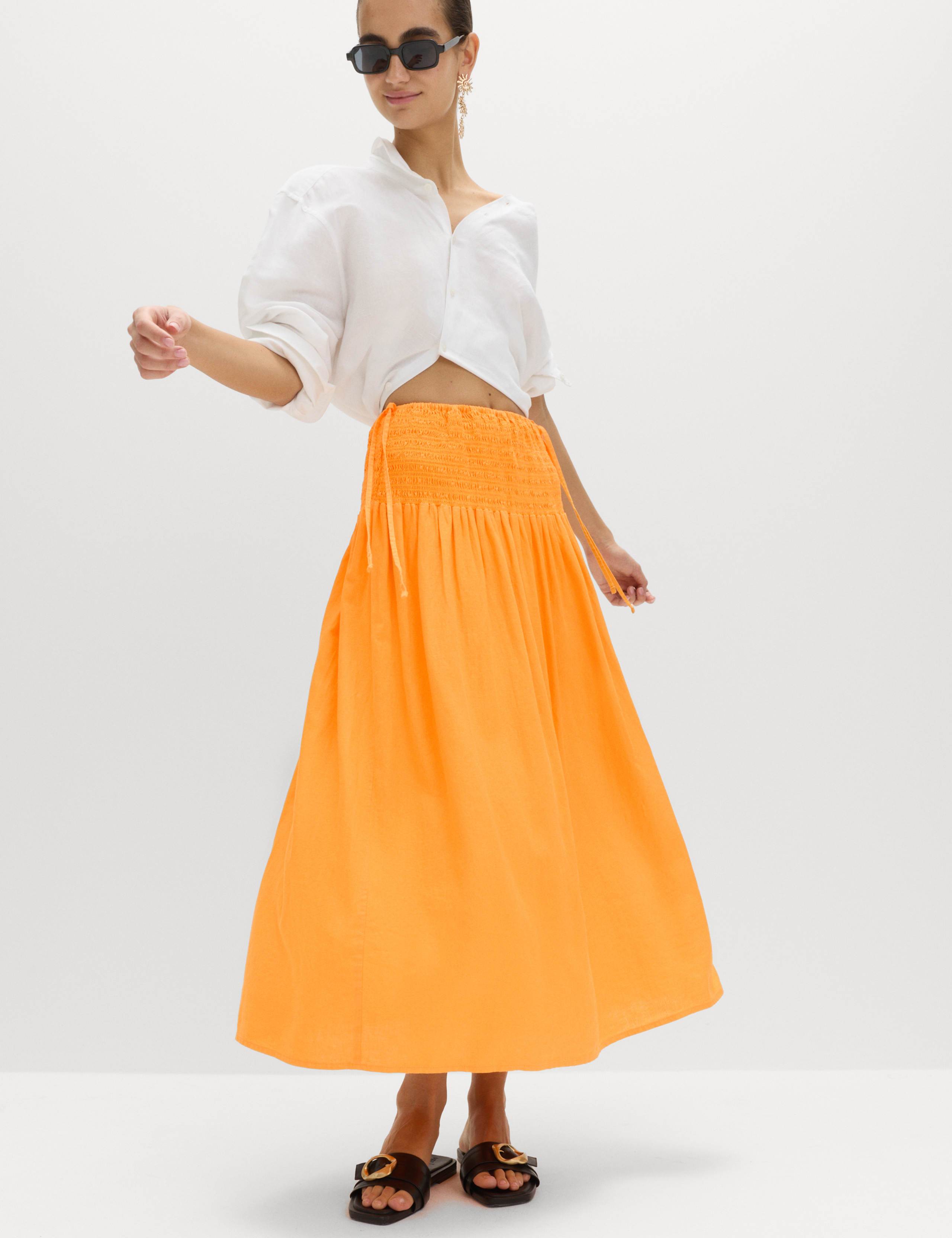 Linen Rich Shirred Tie Detail Maxi Skirt 1 of 5