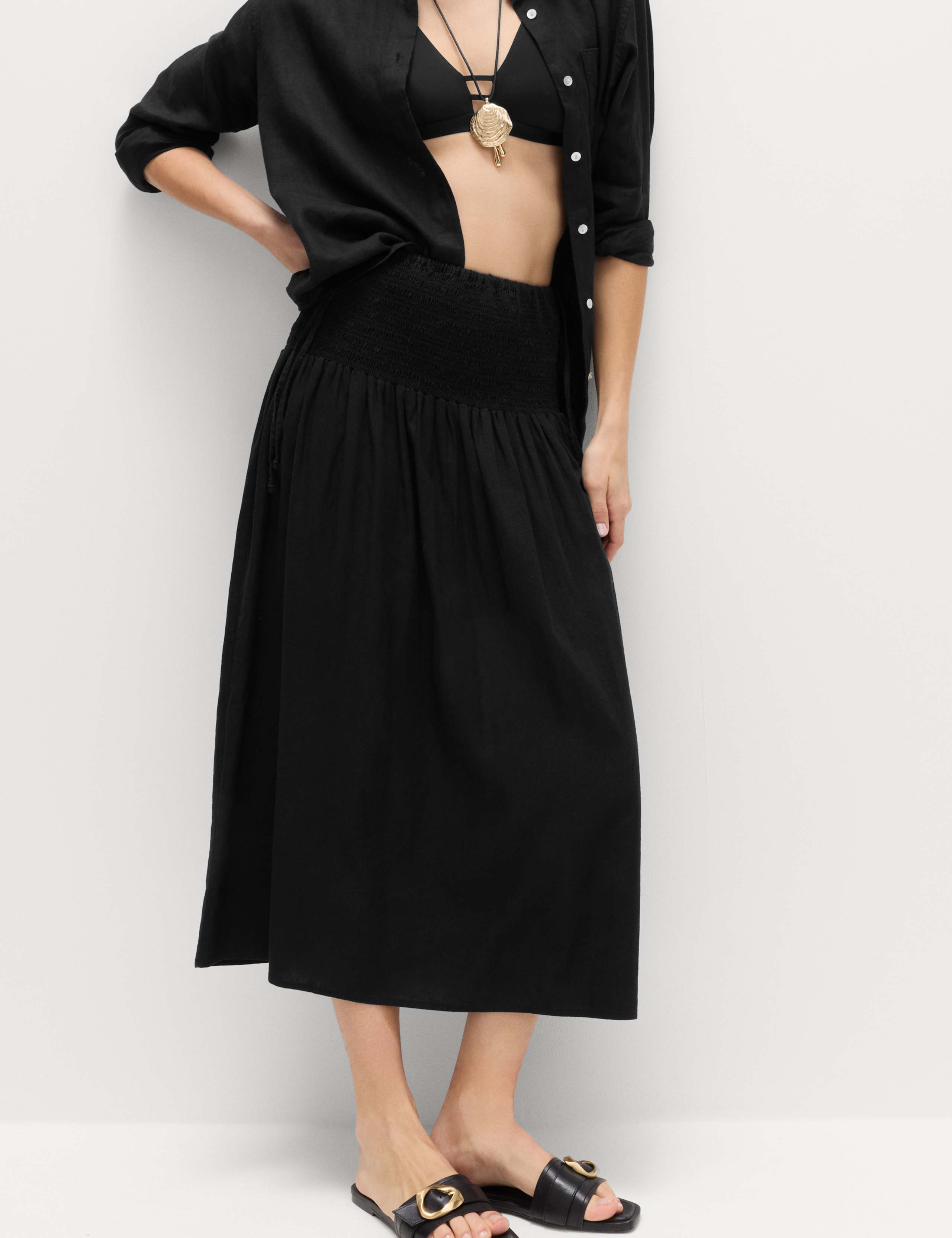 Linen Rich Shirred Tie Detail Maxi Skirt 1 of 6