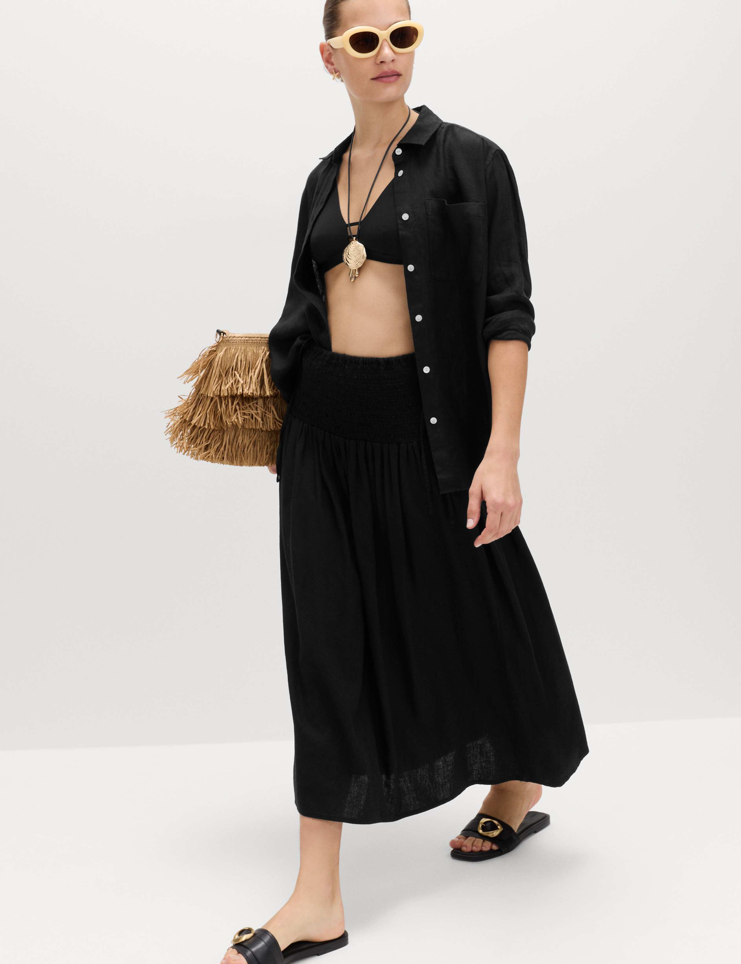 Linen Rich Shirred Tie Detail Maxi Skirt 3 of 6