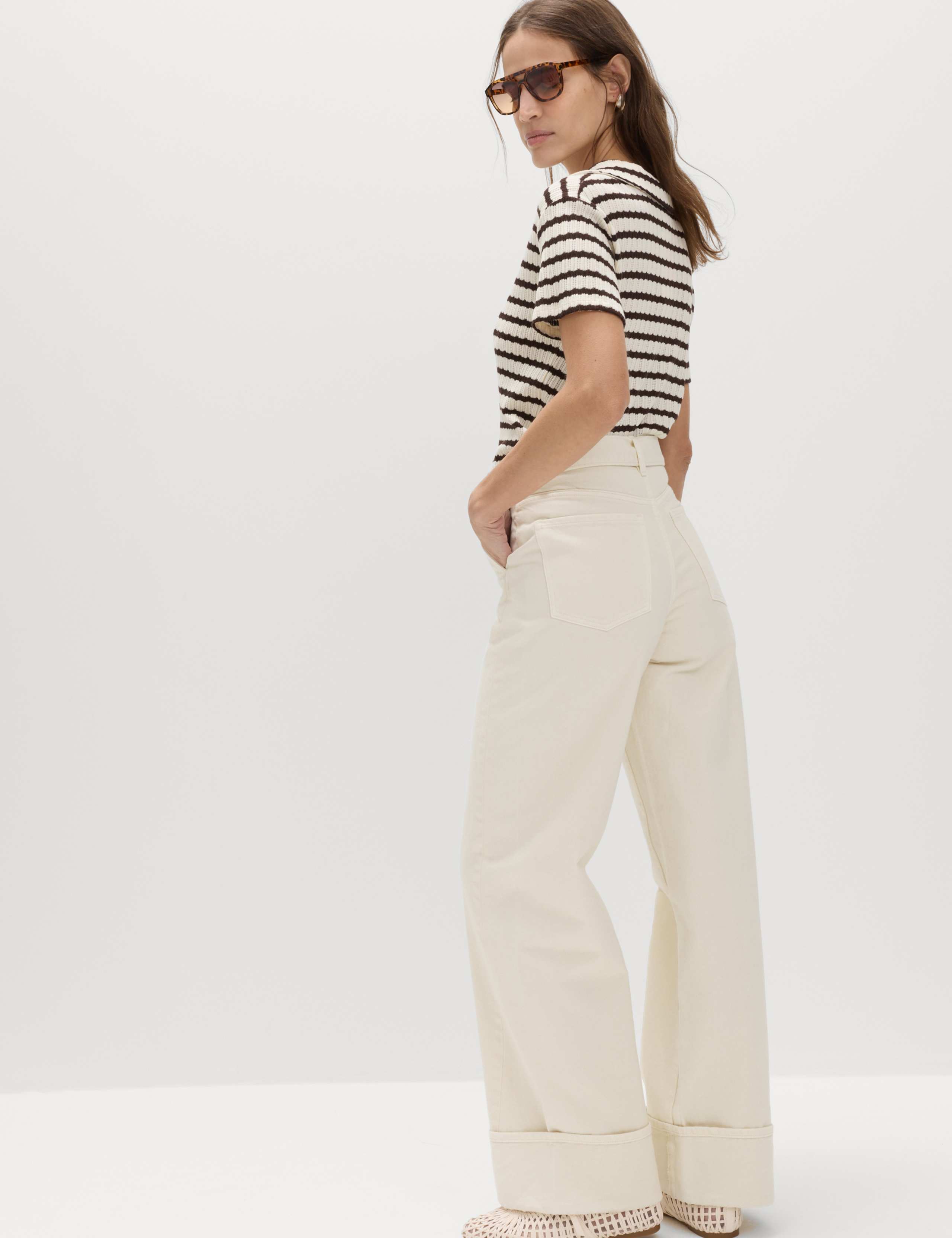 Pure Cotton Belted Wide Leg Turn Up Jeans 4 of 5