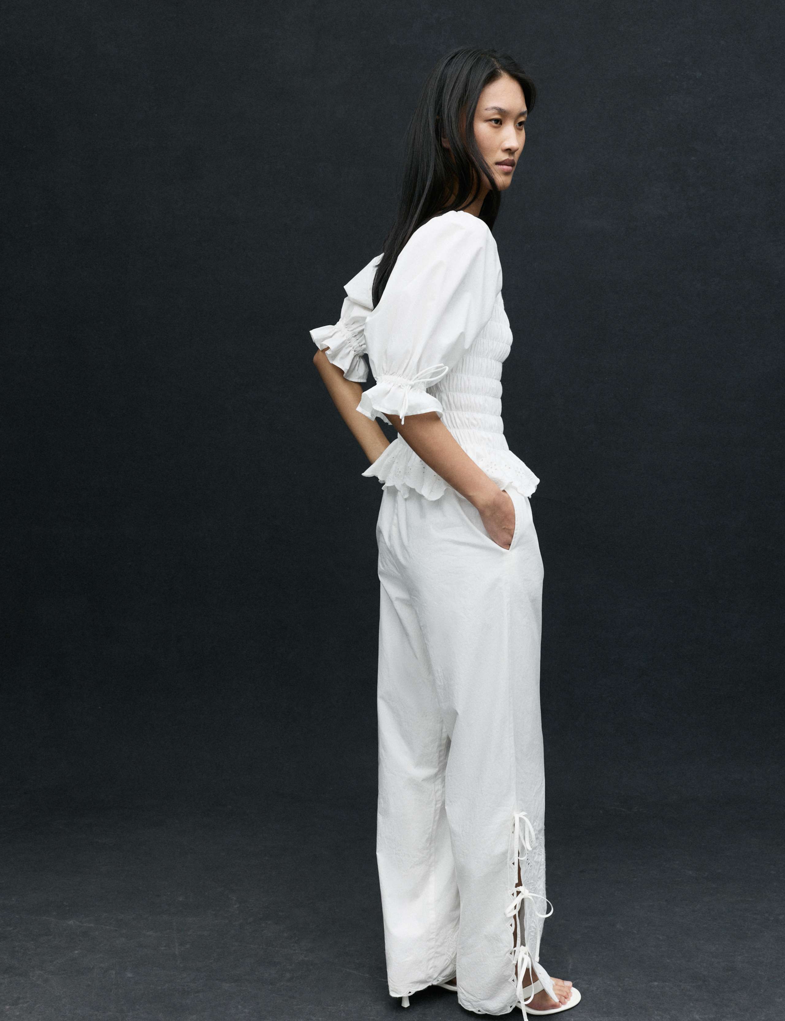 Cotton embroidered tie side wide leg 7 of 7