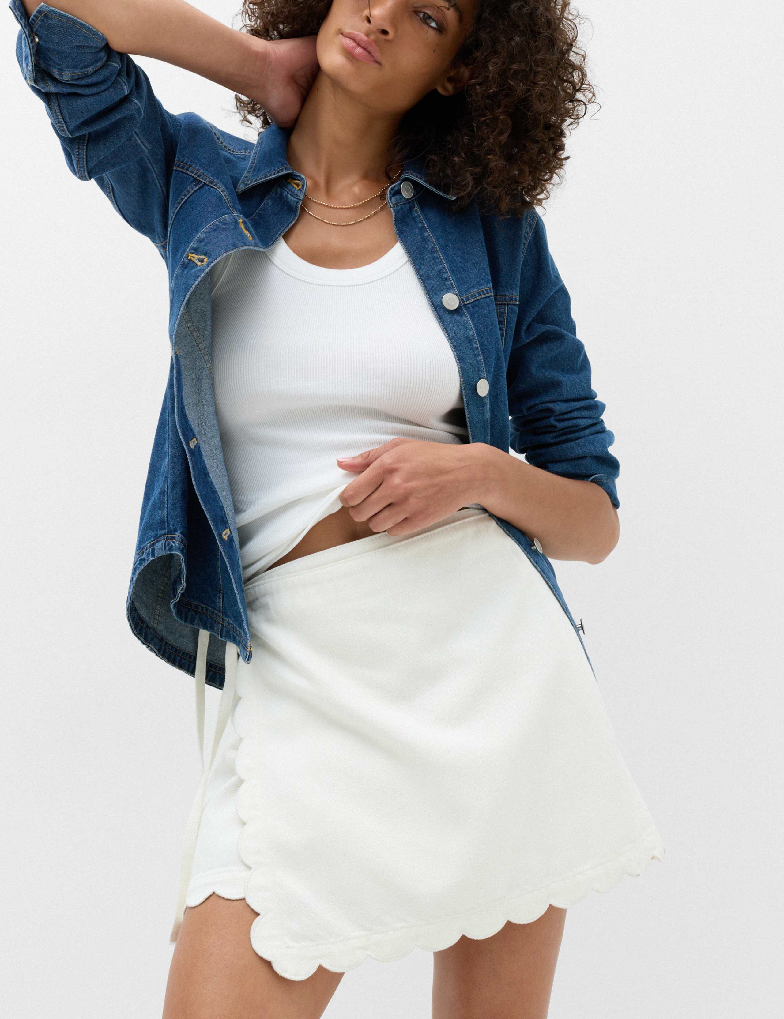 Denim Scallop Hem Mini Wrap Skirt 3 of 7