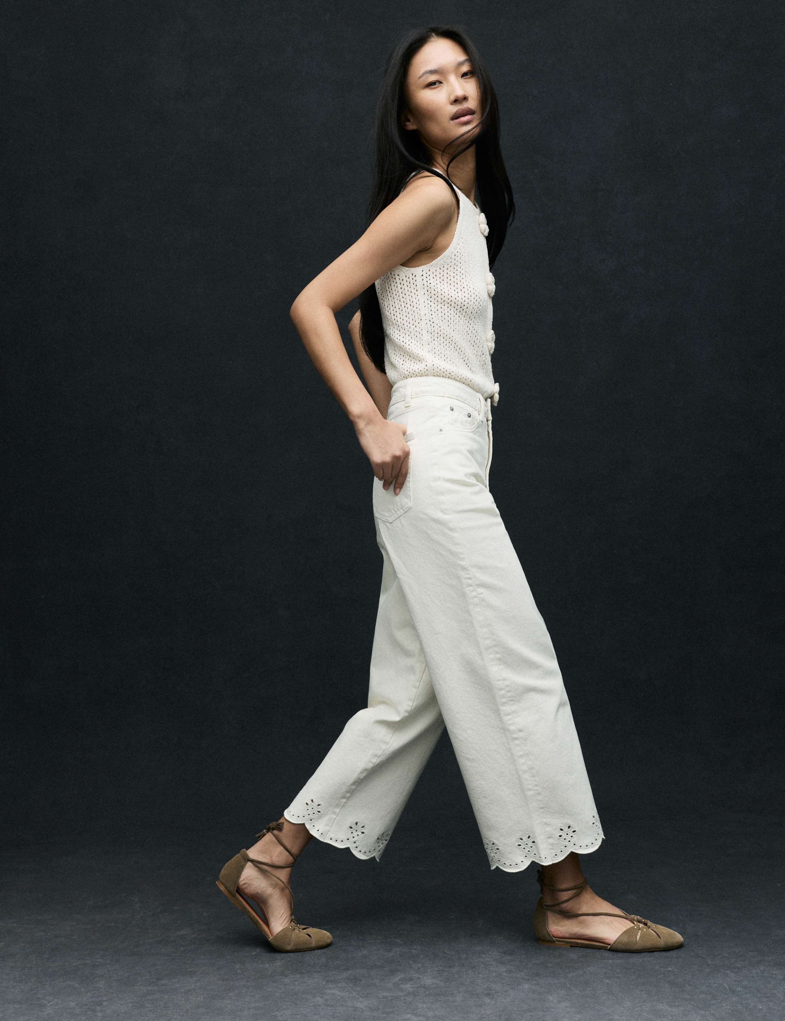 High Waisted Broderie Wide Leg Cropped Jeans 3 of 7