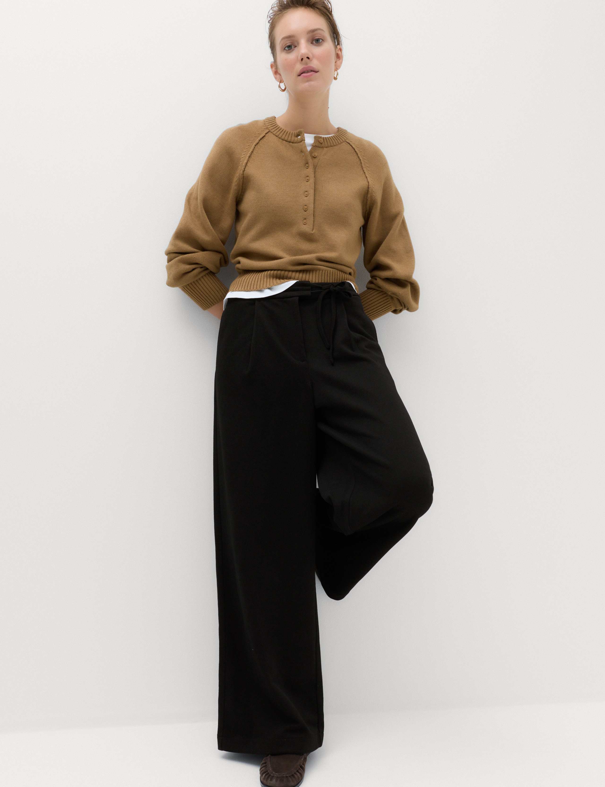 Tie Detail Wide Leg Trousers with Stretch 1 of 7